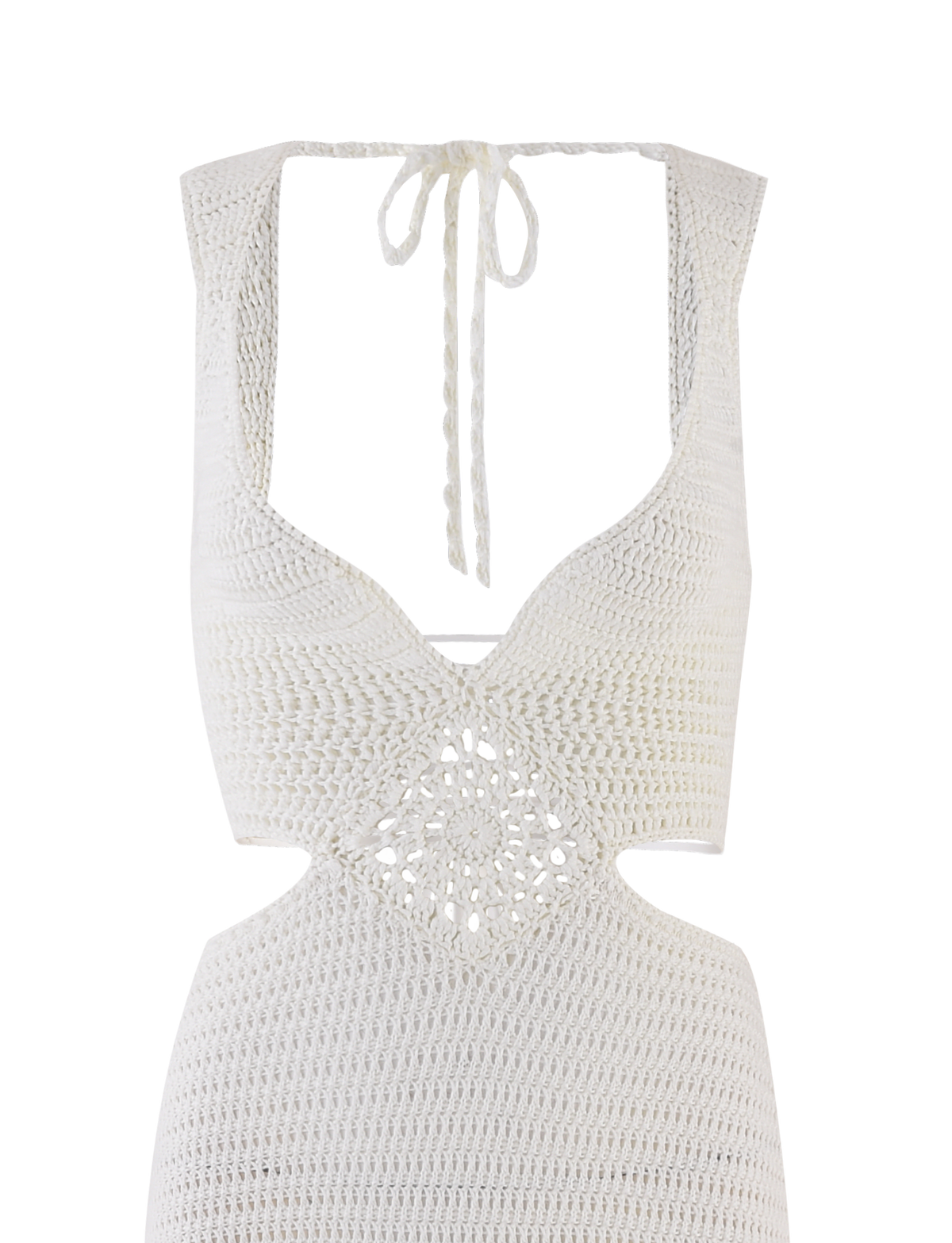 The TIGERMIST JONAH MAXI DRESS in cream features a deep V neckline, open back with tie closure, and detailed diamond crochet patterns at the bodice and waist.