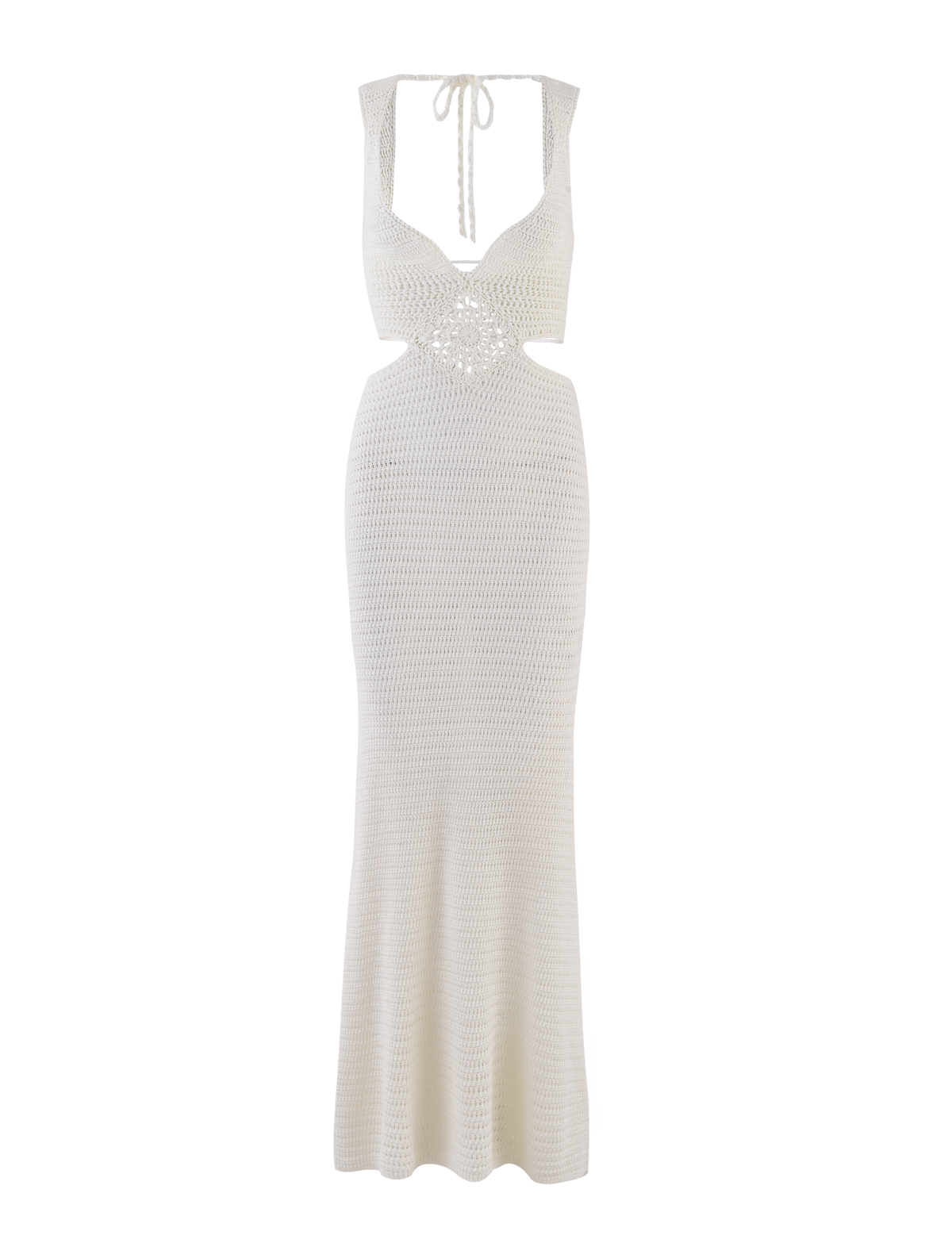 The JONAH MAXI DRESS by TIGERMIST is a cream sleeveless crochet maxi with a fitted bodice, open back, neck tie detail, and a subtly flared hem featuring an elegant diamond pattern.