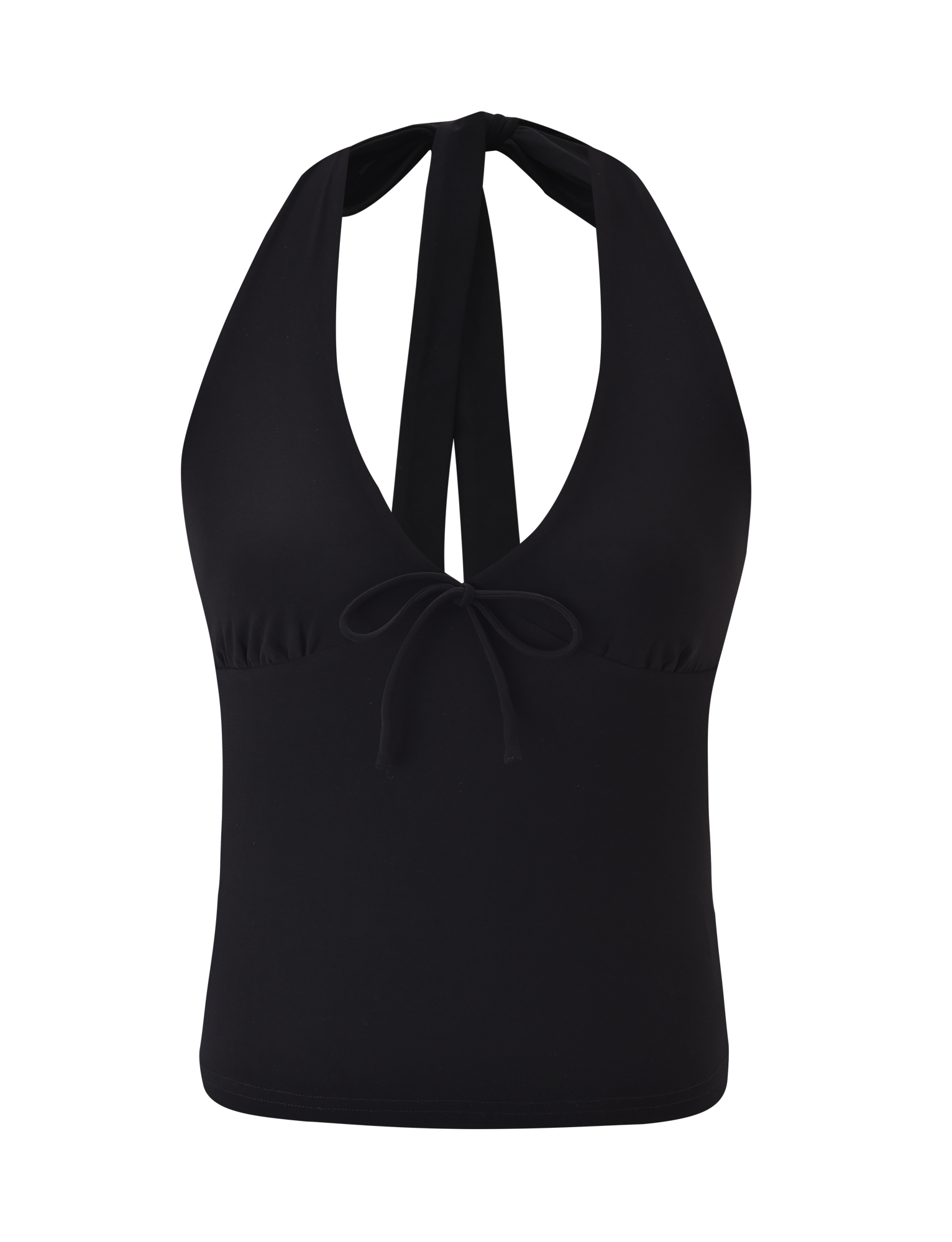 The TIGERMIST ZINZIE HALTER TOP - BLACK features a deep V halter neckline, tie detail at the chest, and is crafted from buttery jersey. Shown on a white background.