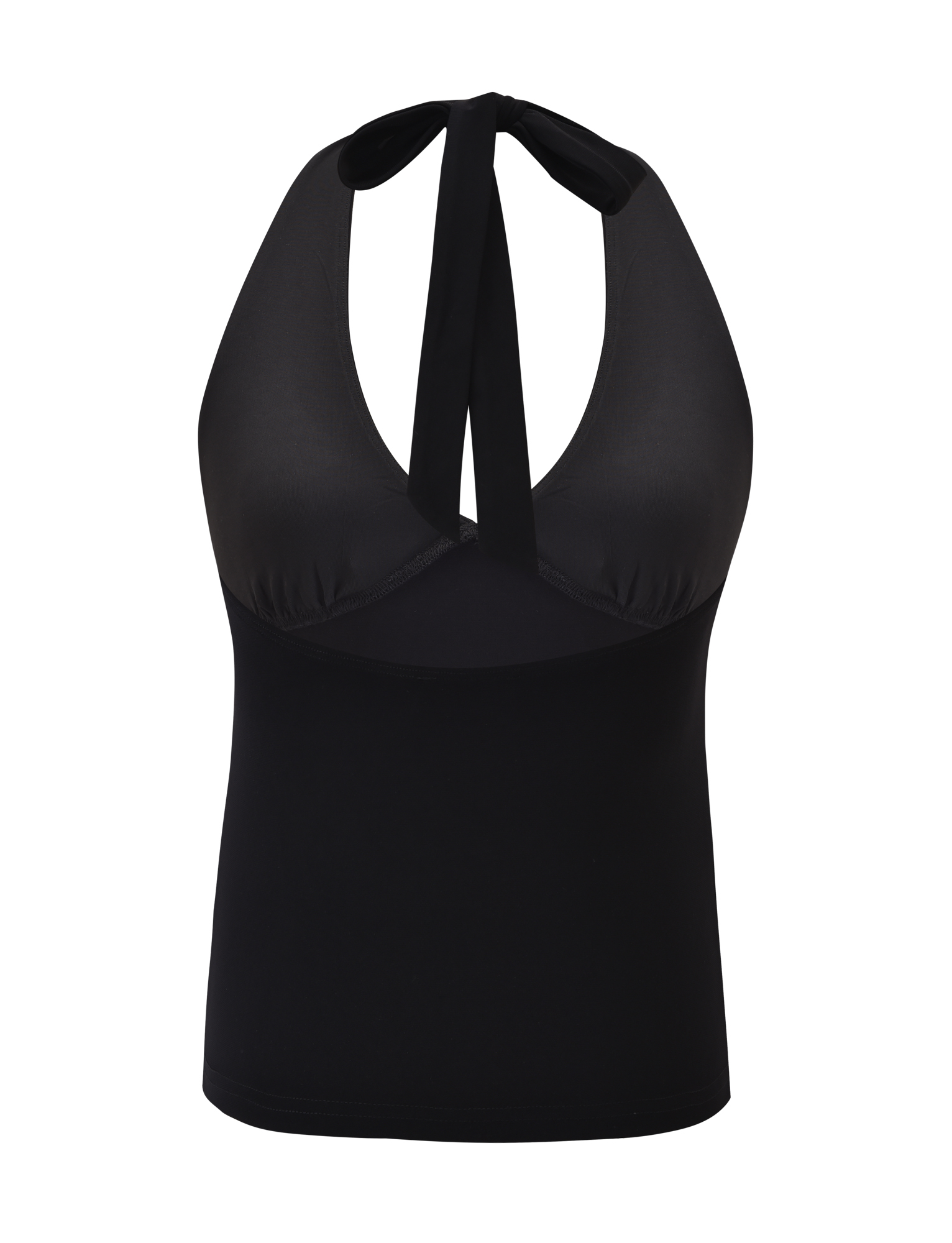 The ZINZIE HALTER TOP - BLACK by TIGERMIST is a buttery jersey top with a deep V halter neckline and wide neck-tie strap, shown against a plain white background.