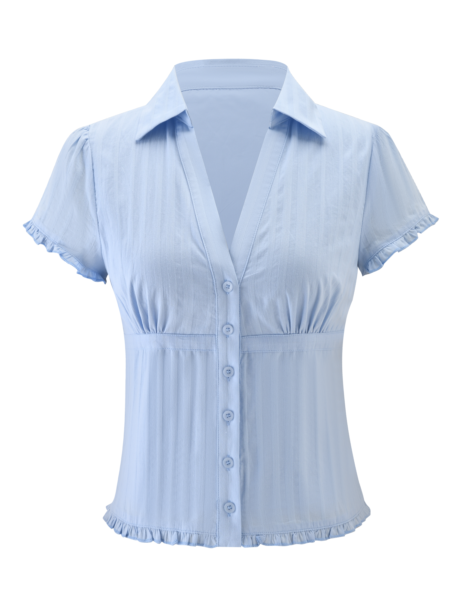 The TIGERMIST VALERIE SHORT SLEEVE SHIRT in baby blue features a deep V-neck, button-down front, ruffled sleeves and hem, fitted waist, subtle vertical stripes, and a classic collared neckline.