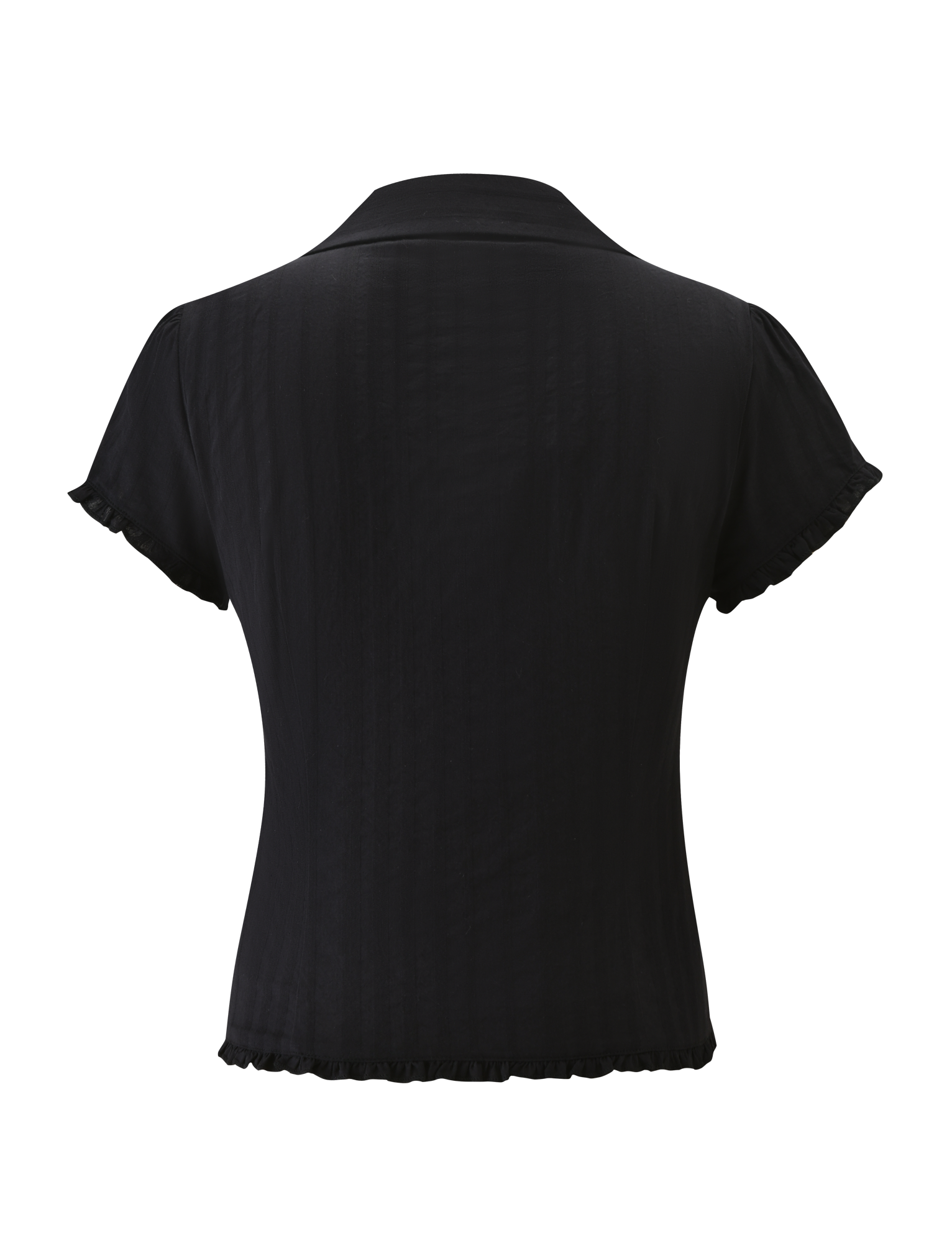 Back view of the TIGERMIST VALERIE SHORT SLEEVE SHIRT - BLACK, a collared woven shirt with short sleeves and subtle ruffle details at the hem and sleeve edges, shown on a plain white background.