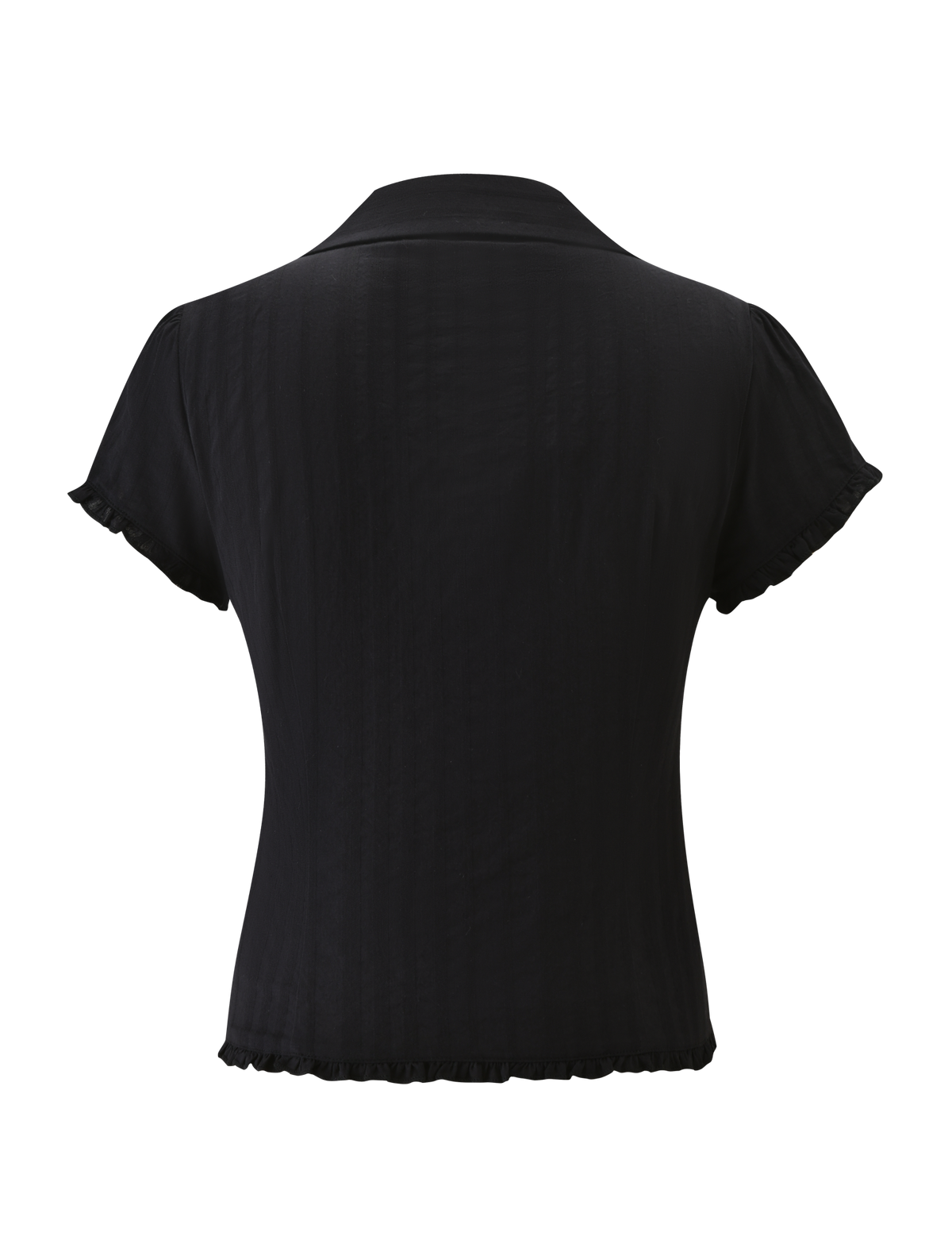 Back view of the TIGERMIST VALERIE SHORT SLEEVE SHIRT - BLACK, a collared woven shirt with short sleeves and subtle ruffle details at the hem and sleeve edges, shown on a plain white background.