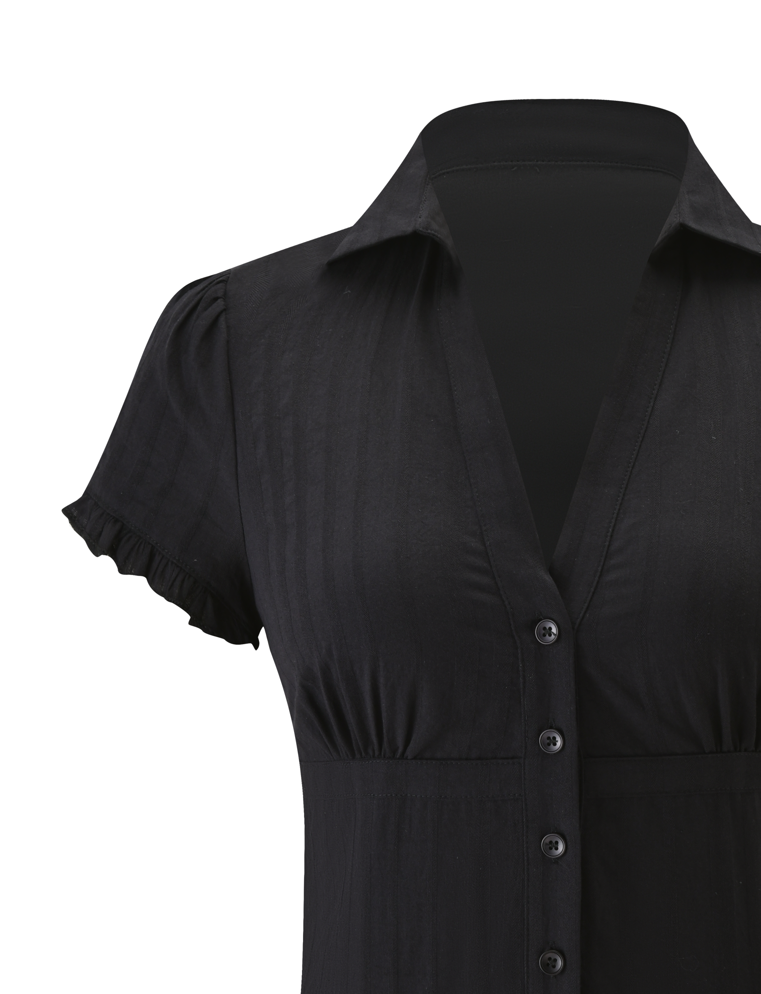 A close-up of the VALERIE SHORT SLEEVE SHIRT - BLACK by TIGERMIST, featuring a deep V-neck, collar, button-down front, ruffled short sleeves, and lightweight fabric with a subtle sheen.