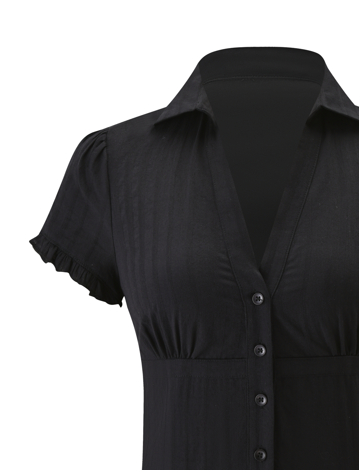 A close-up of the VALERIE SHORT SLEEVE SHIRT - BLACK by TIGERMIST, featuring a deep V-neck, collar, button-down front, ruffled short sleeves, and lightweight fabric with a subtle sheen.