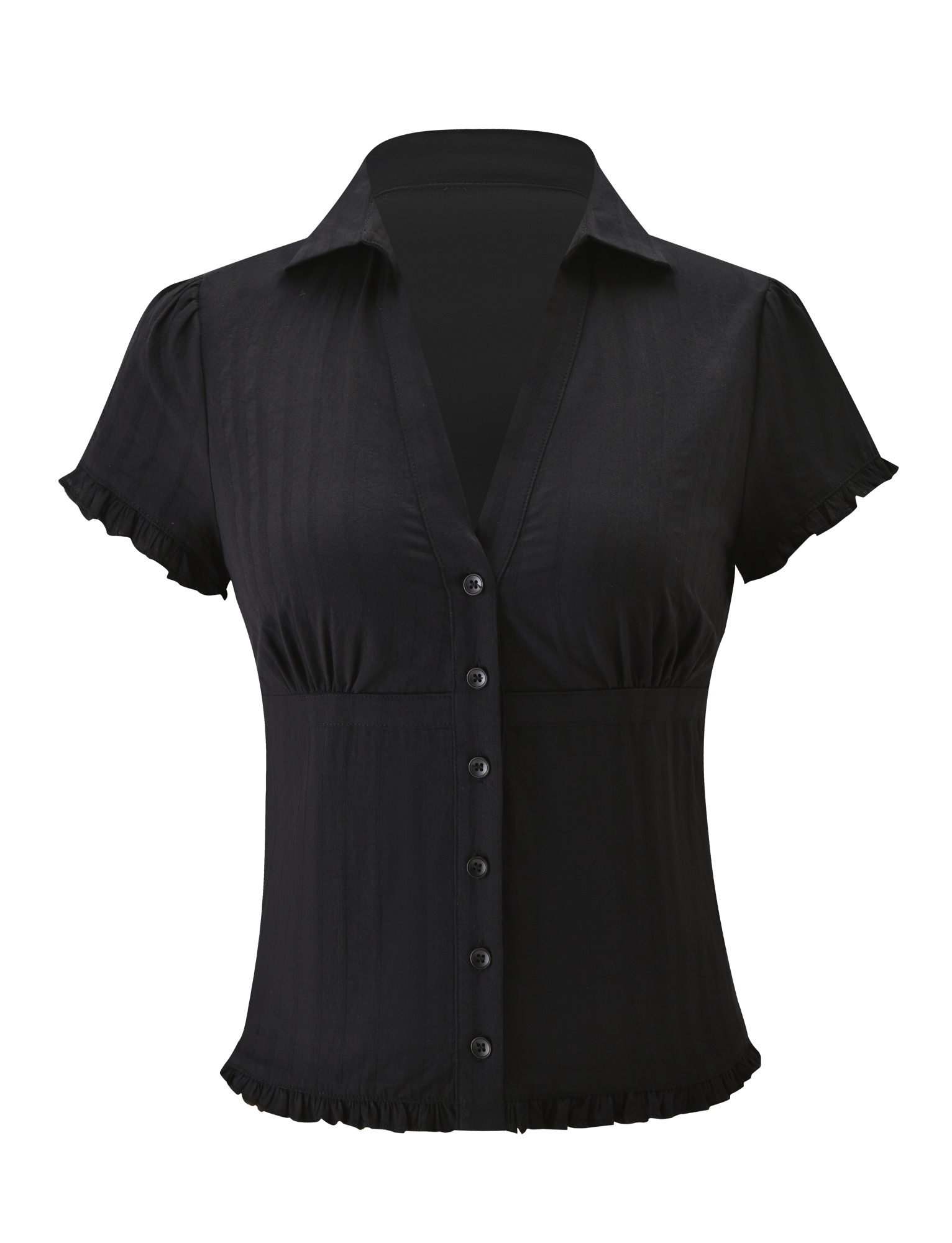The TIGERMIST VALERIE SHORT SLEEVE SHIRT - BLACK is a woven shirt with a button-up front, V-neck, and ruffled sleeve edges and hem, shown against a plain white background.