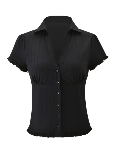 The TIGERMIST VALERIE SHORT SLEEVE SHIRT - BLACK is a woven shirt with a button-up front, V-neck, and ruffled sleeve edges and hem, shown against a plain white background.