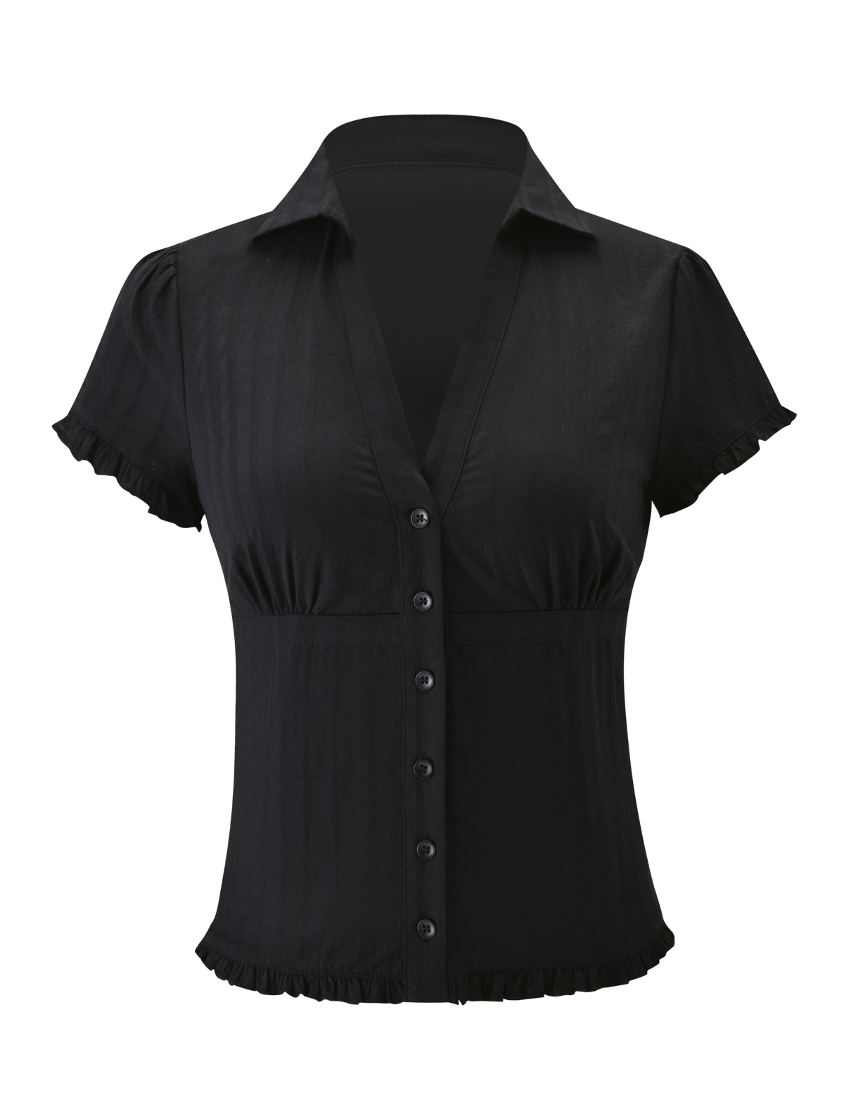 The TIGERMIST VALERIE SHORT SLEEVE SHIRT - BLACK is a woven shirt with a button-up front, V-neck, and ruffled sleeve edges and hem, shown against a plain white background.