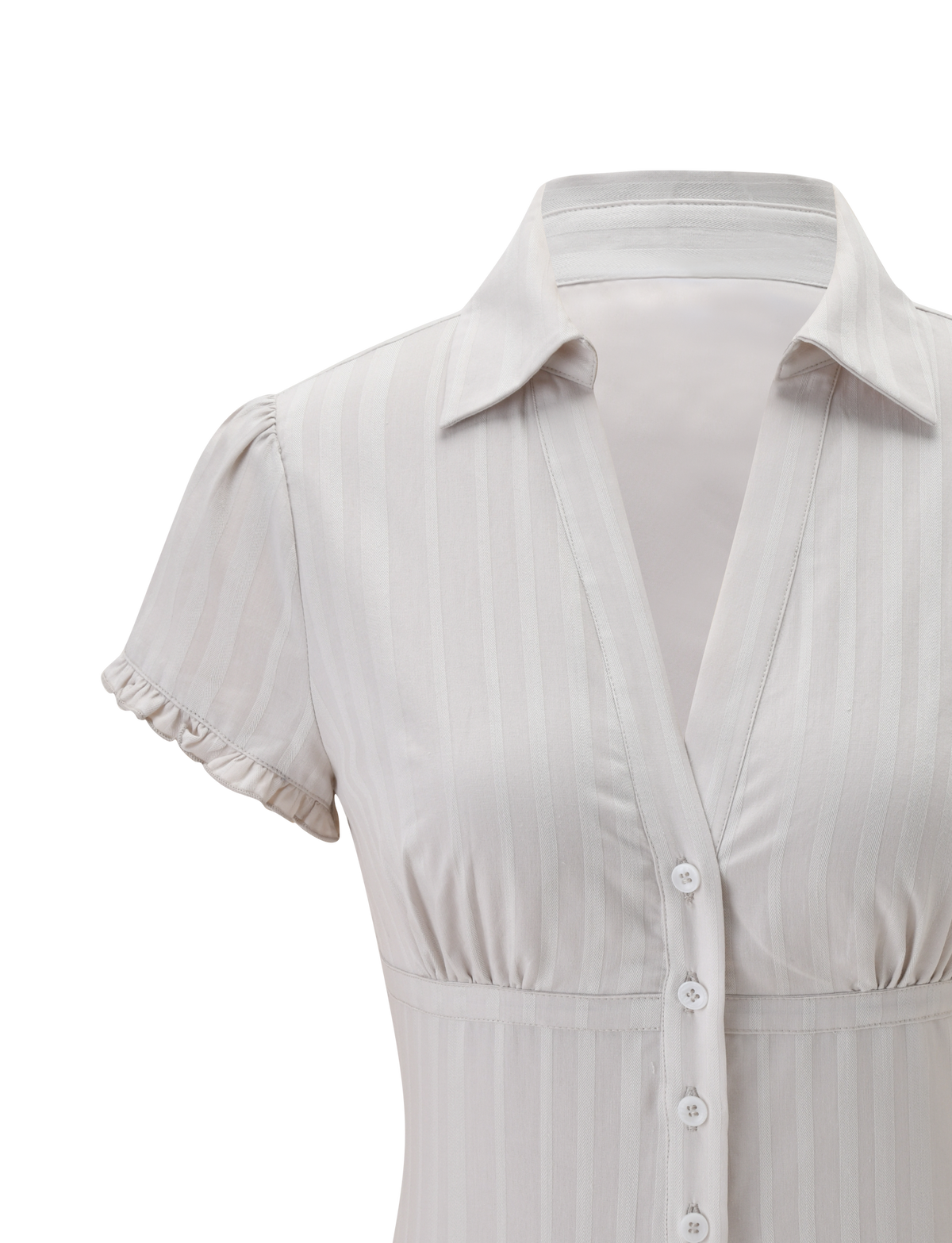 A close-up of the TIGERMIST VALERIE SHORT SLEEVE SHIRT in grey, featuring a light hue, subtle vertical stripes, white buttons, a fitted waist, and ruffled short sleeve edges against a plain white background.