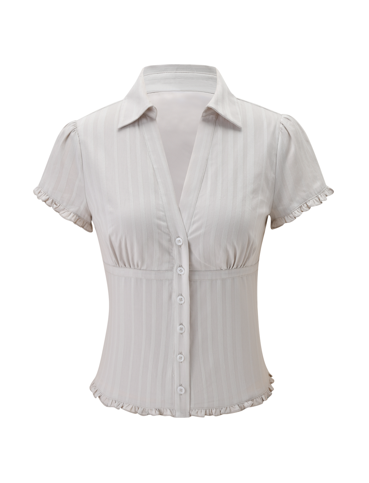 The VALERIE SHORT SLEEVE SHIRT by TIGERMIST features a grey color, V-neck, short sleeves with ruffled edges, button-down front, vertical stripes, and a ruffled hem.