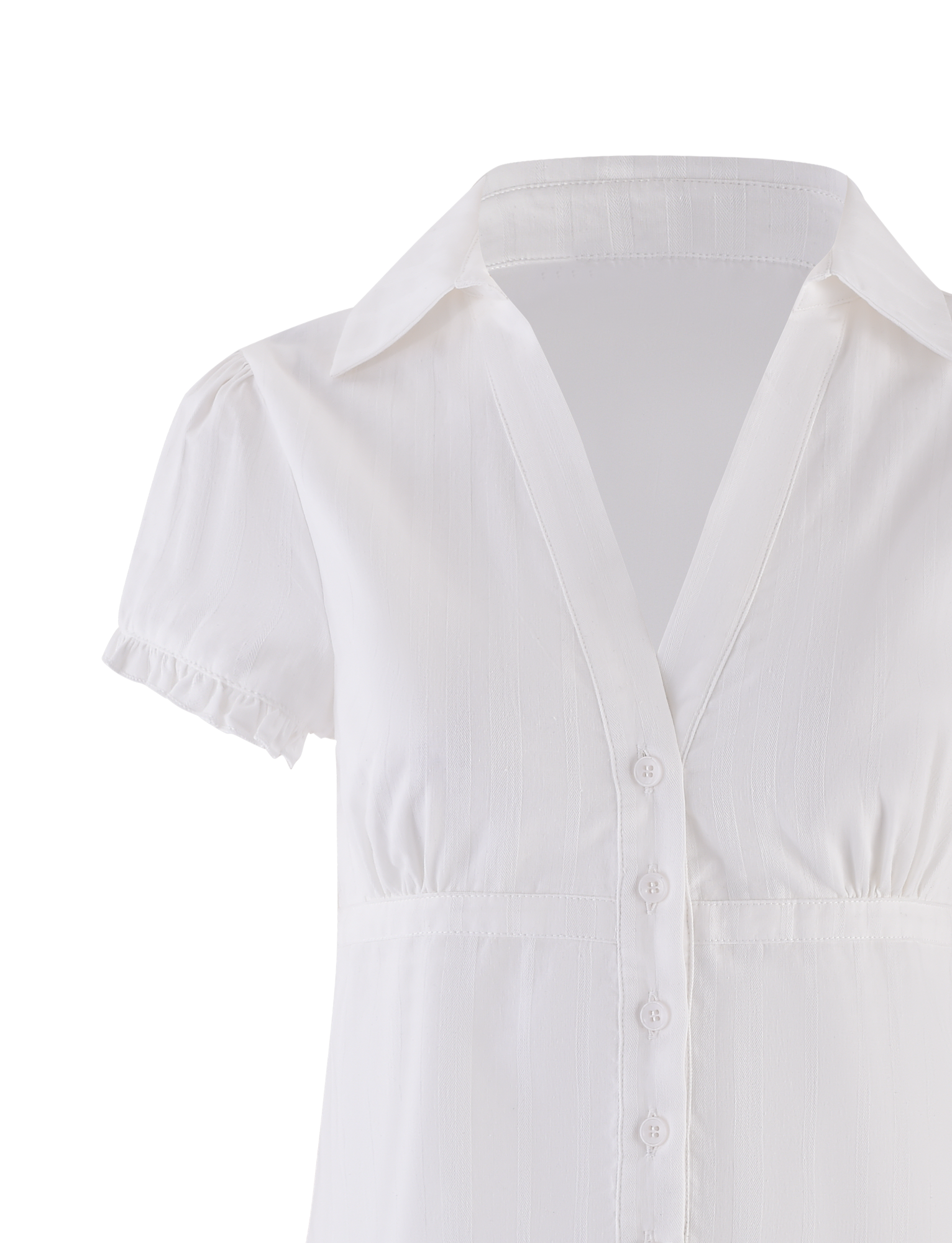The TIGERMIST VALERIE SHORT SLEEVE SHIRT in white features a deep V-neck, front buttons, puffed sleeves with elastic cuffs, a pointed collar, and lightweight textured fabric—a fresh update on the classic shirt.