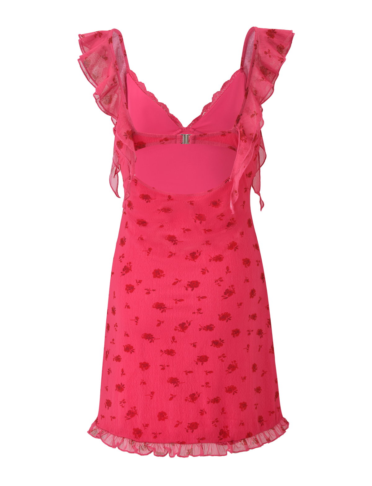 The TIGERMIST AMARIS MINI DRESS - DITSY FLORAL is a bright pink V-neck mini with ruffled straps, cut-out back, and a mesh overlay in a subtle floral print. Its fitted bodice and ruffled hem give it a playful, flared silhouette.