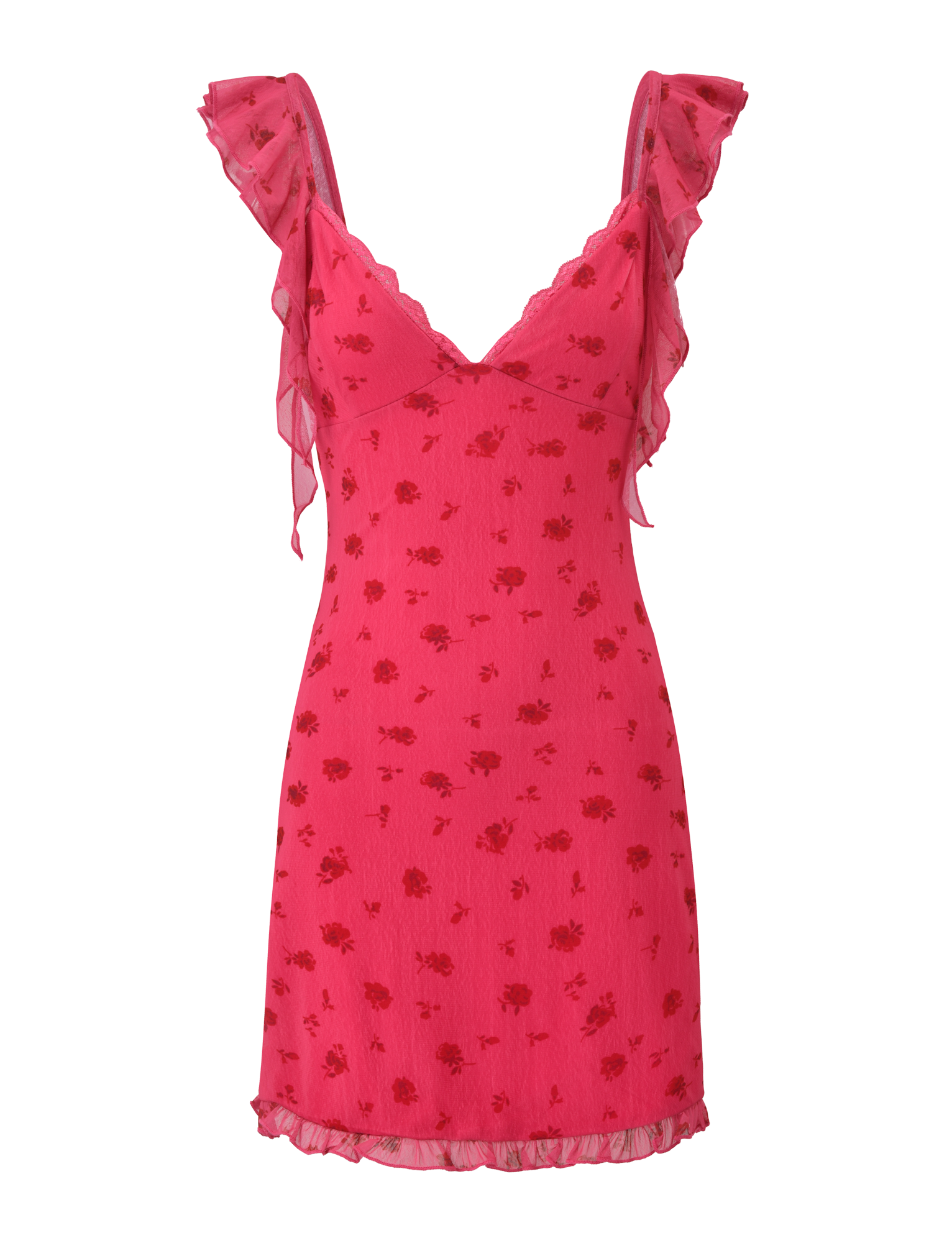 The AMARIS MINI DRESS - DITSY FLORAL by TIGERMIST is a sleeveless pink mini dress with a V-neck, ruffled shoulder straps, an allover floral print, and a ruffled hemline with lace trim for added femininity.