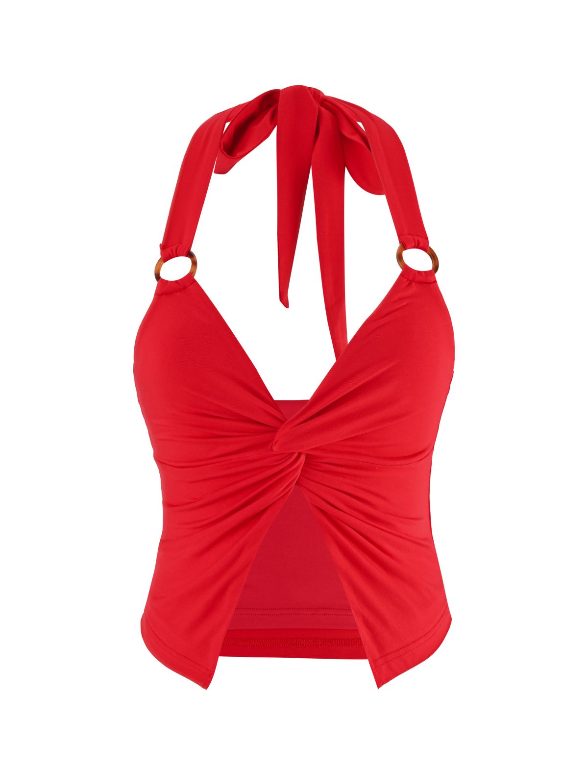 The ZENEVA TOP - RED by TIGERMIST is a vibrant halter in buttery jersey, featuring a front twist knot, open front detail, and wide neck-tie straps.