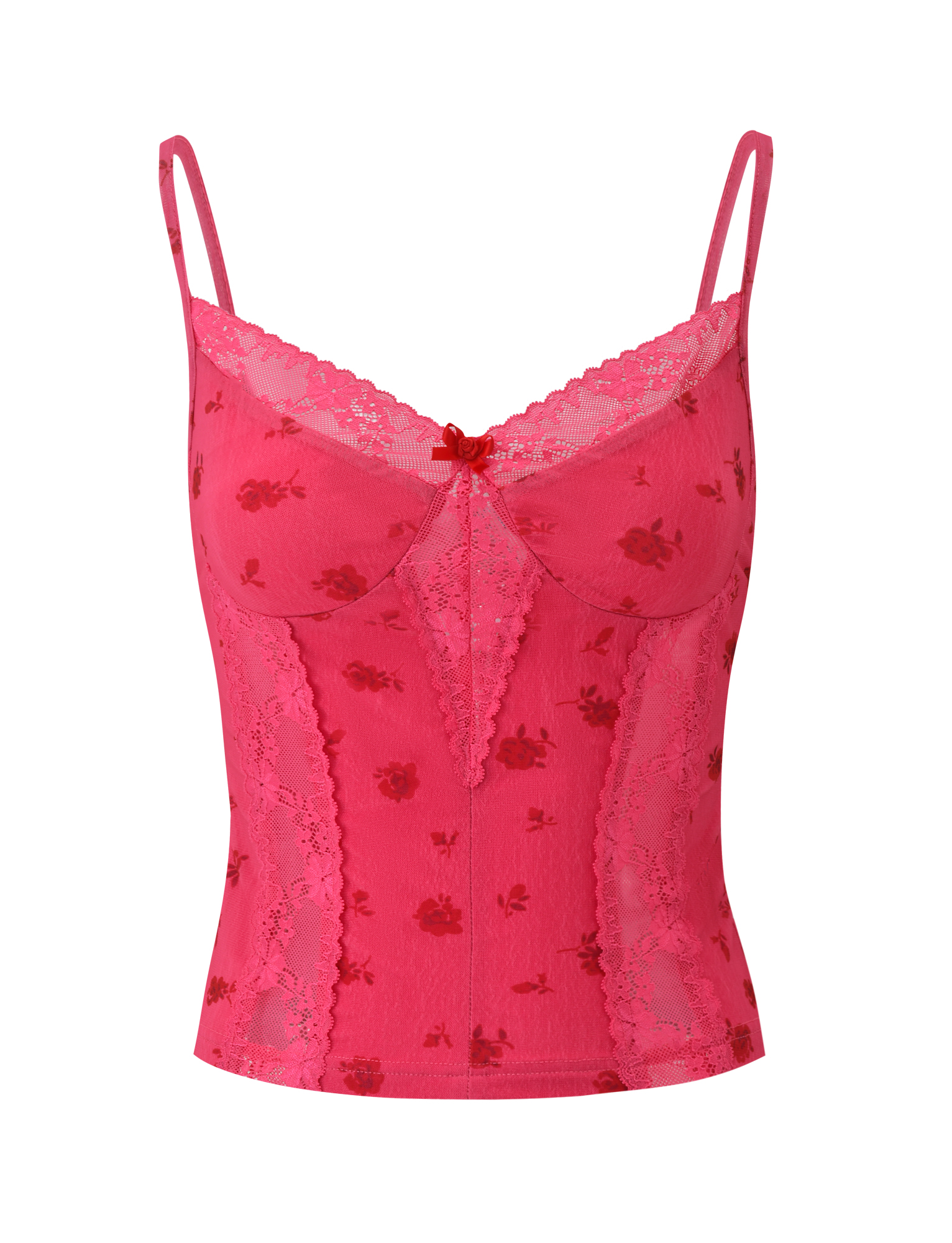 The KHALIA TOP - DITSY FLORAL by TIGERMIST features a pink floral design, adjustable straps, semi-sheer panels, scalloped lace trim, and a red bow detail at the front.
