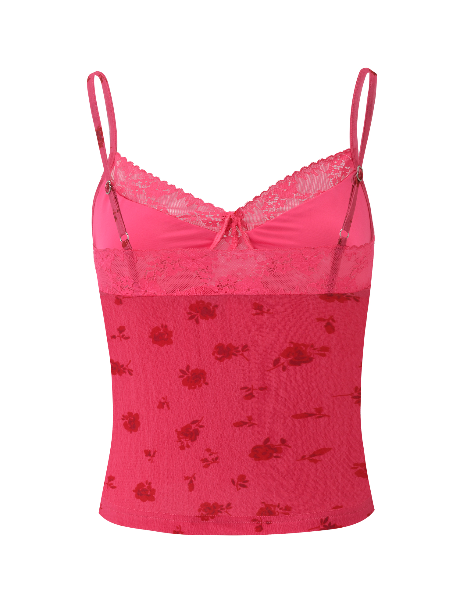 The TIGERMIST KHALIA TOP - DITSY FLORAL is a pink camisole with adjustable straps, delicate lace trim, and a ditsy floral pattern along the neckline and upper bodice.