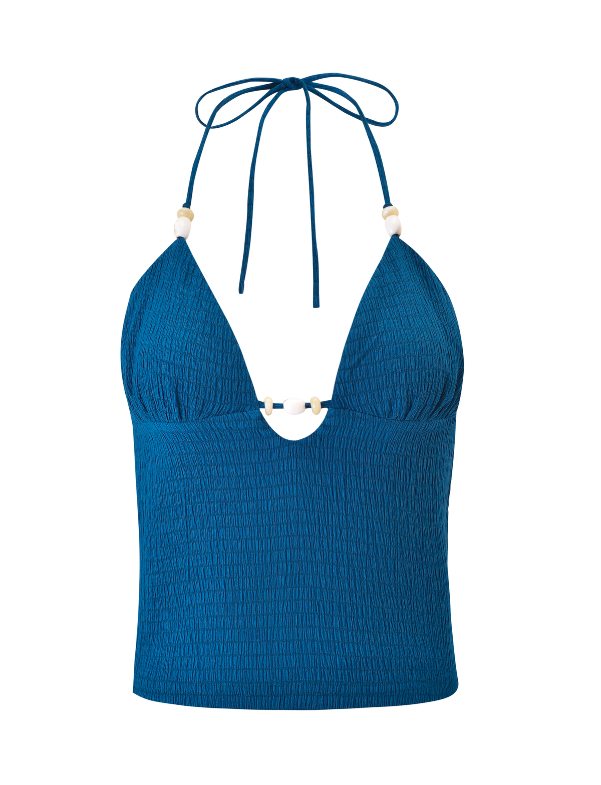 The ZINNIA TOP - BLUE by TIGERMIST is a blue halter top with a bodycon fit, deep V-neckline, beaded straps, and textured crinkled fabric. It features adjustable neck ties for a custom fit.