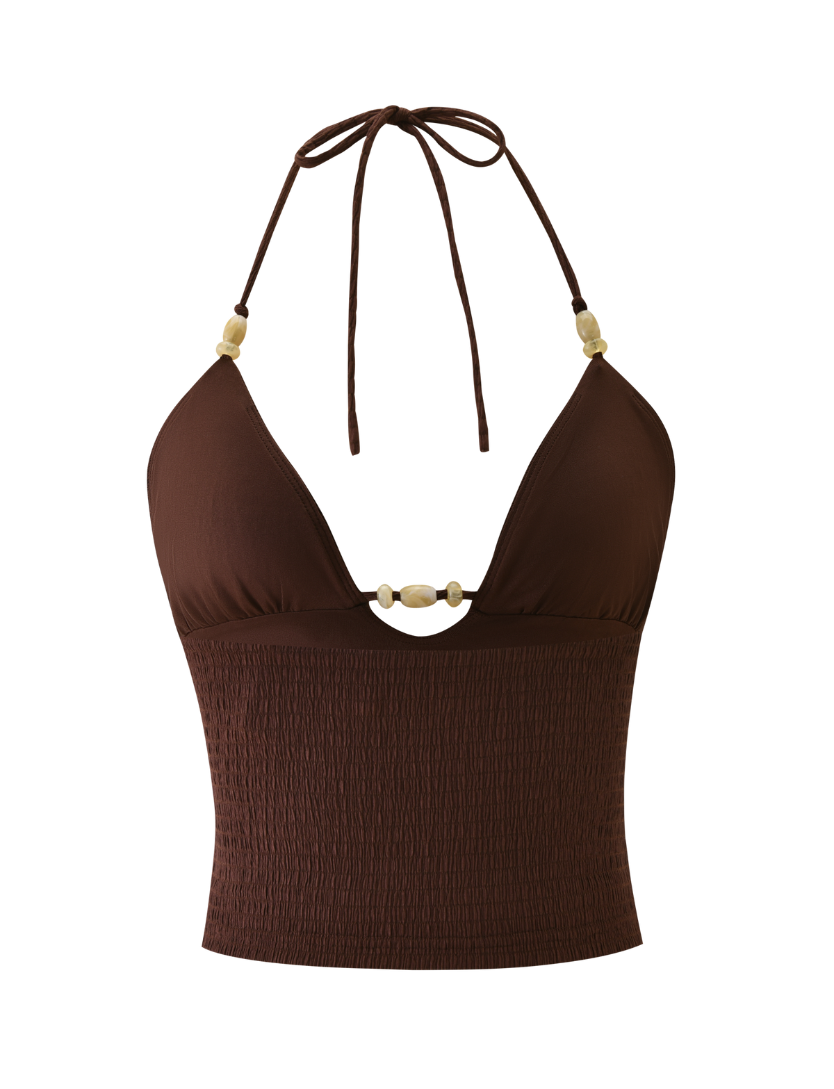 The ZINNIA TOP - CHOCOLATE by TIGERMIST is a chocolate brown halter cami crop top with a deep V neckline, beige bead details on the straps and front, and a smocked textured knit lower section.