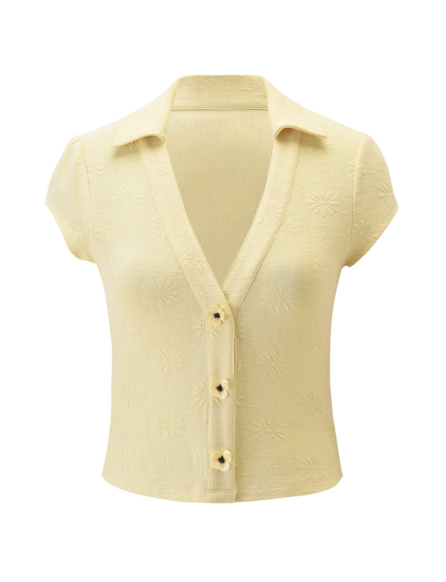 The QUINLAN TOP - LEMON by TIGERMIST features cap sleeves, a collared deep V-neckline, four front buttons, and subtle embossed floral details. Shown against a plain white background.