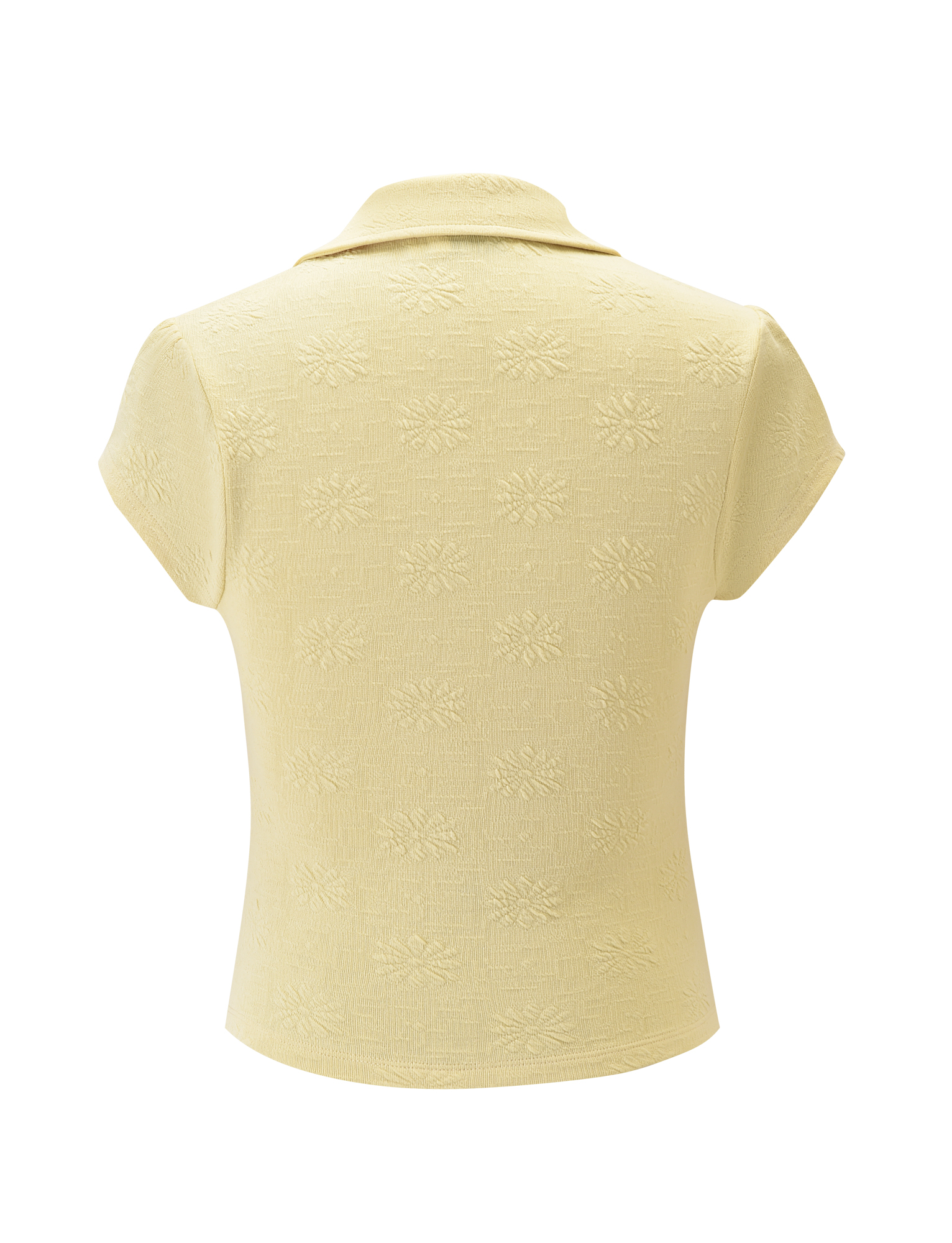Back view of the TIGERMIST QUINLAN TOP in LEMON, showcasing textured knit stretch fabric, a collar, and delicate floral patterns for a charming touch.