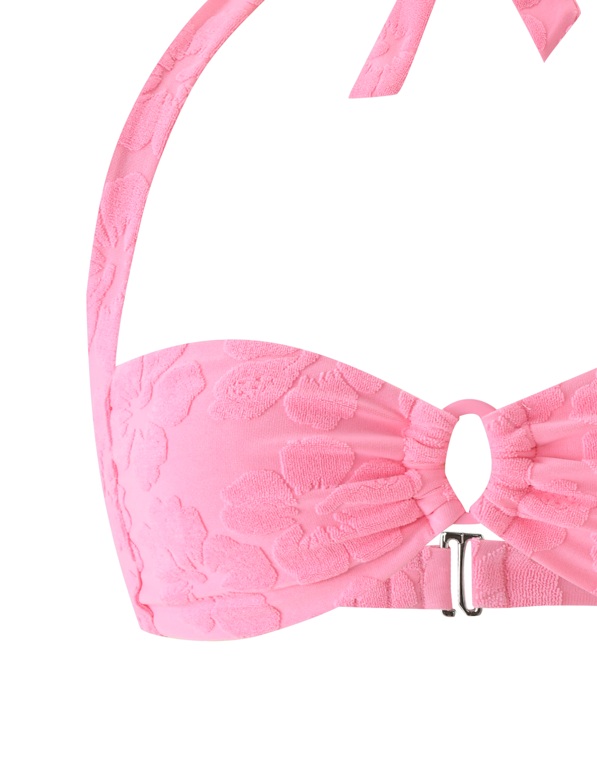 Close-up of the TIGERMIST FIORA BIKINI TOP in baby pink, showcasing halter straps, a floral textured pattern, a central keyhole cutout, and a small metallic front clasp.
