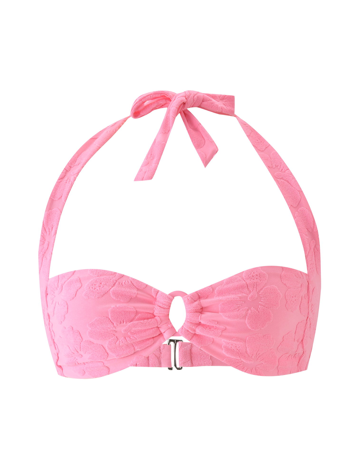 The FIORA BIKINI TOP - BABY PINK by TIGERMIST features a floral lace texture, ruched center, small metallic front clasp, and halter straps that tie at the back for a secure, stylish fit.