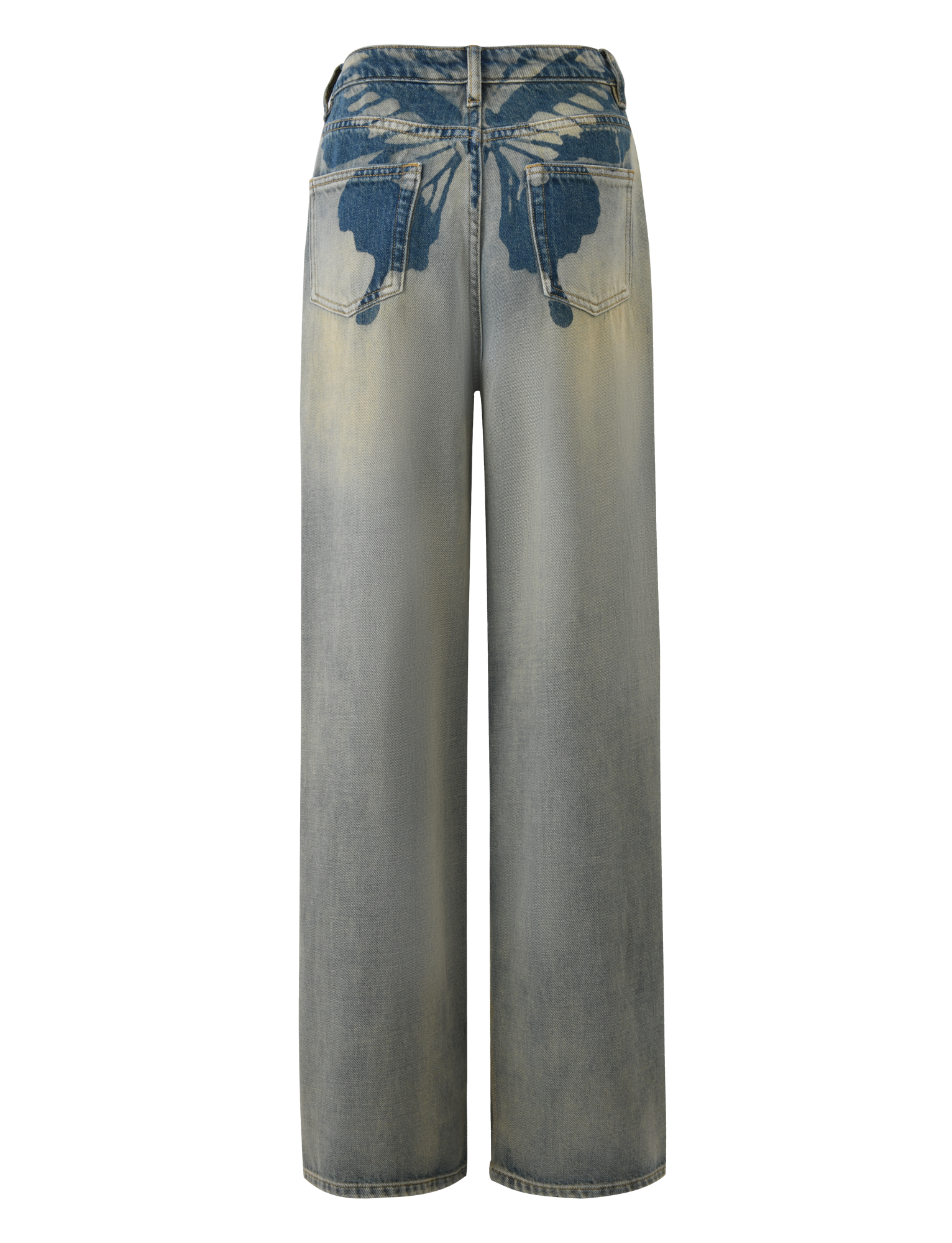 The ZANTHE JEAN - GREY WASH by TIGERMIST features a wide-leg fit and bold dark abstract graphics on the back pockets and waistband, offering a statement-making, oversized jeans look in a trendy grey wash.