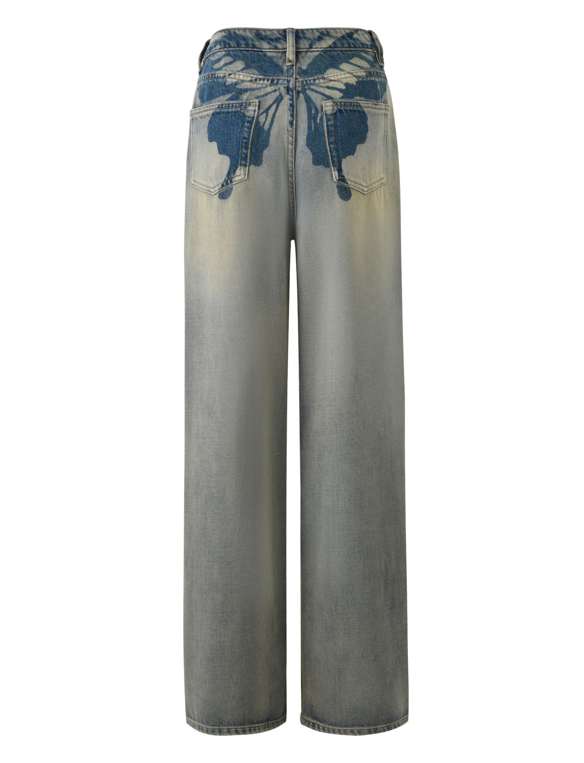 The ZANTHE JEAN - GREY WASH by TIGERMIST features a wide-leg fit and bold dark abstract graphics on the back pockets and waistband, offering a statement-making, oversized jeans look in a trendy grey wash.