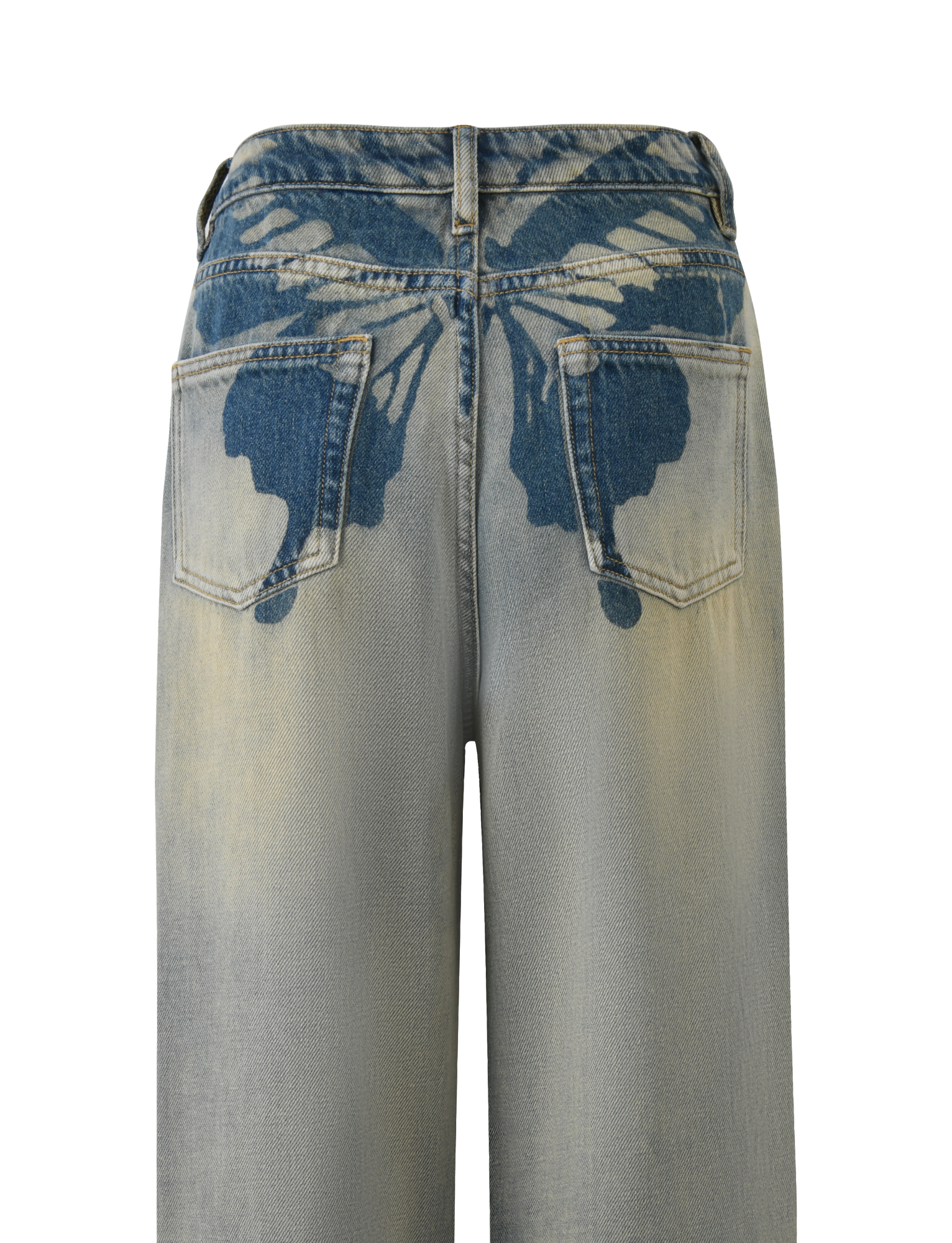 Back view of the TIGERMIST ZANTHE JEAN - GREY WASH, showcasing rigid oversized jeans with a dark blue printed butterfly design spanning across the back pockets and upper seat.