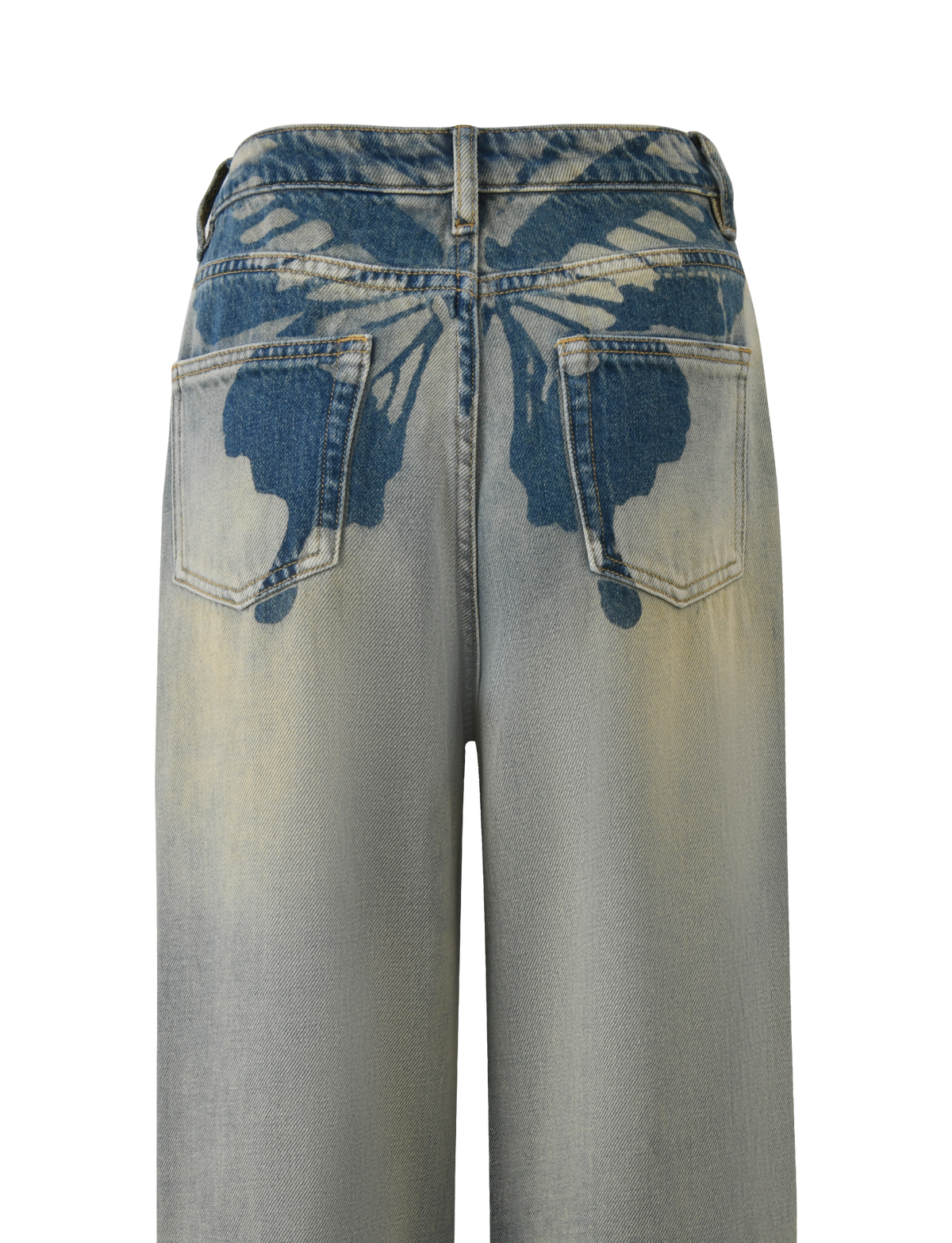 Back view of the TIGERMIST ZANTHE JEAN - GREY WASH, showcasing rigid oversized jeans with a dark blue printed butterfly design spanning across the back pockets and upper seat.