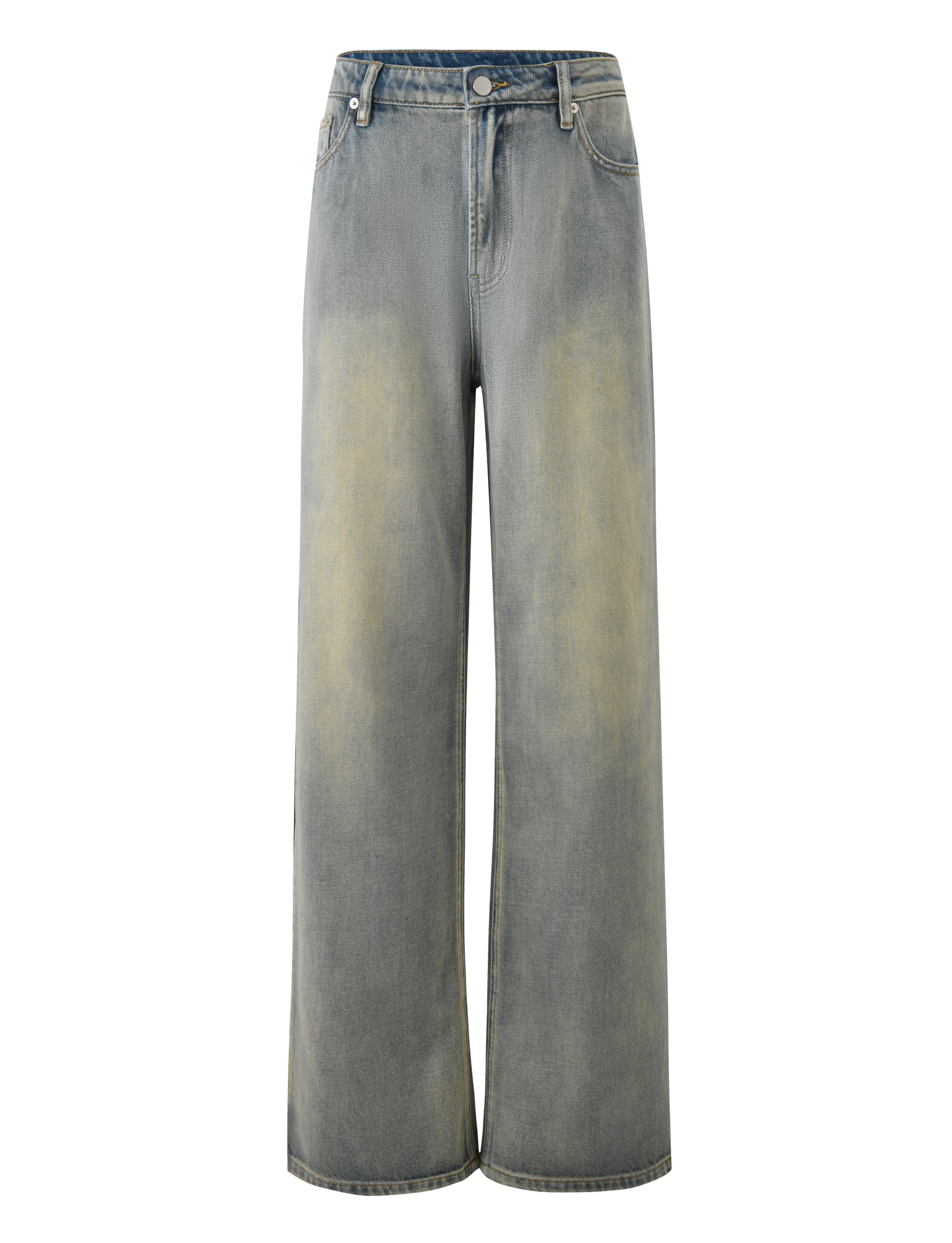 The TIGERMIST ZANTHE JEAN in grey wash features a high-waisted, oversized wide leg fit with rigid denim and vintage-inspired yellowish fading on the front thighs, shown against a plain background.