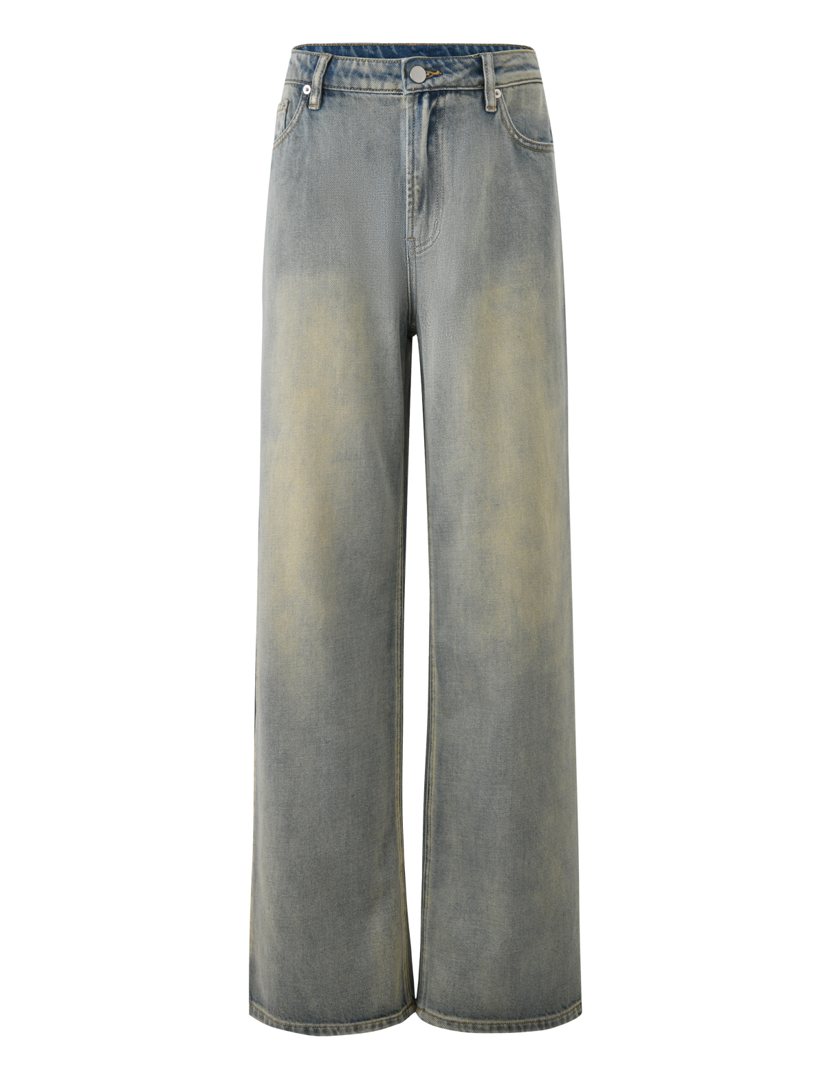 The TIGERMIST ZANTHE JEAN in grey wash features a high-waisted, oversized wide leg fit with rigid denim and vintage-inspired yellowish fading on the front thighs, shown against a plain background.