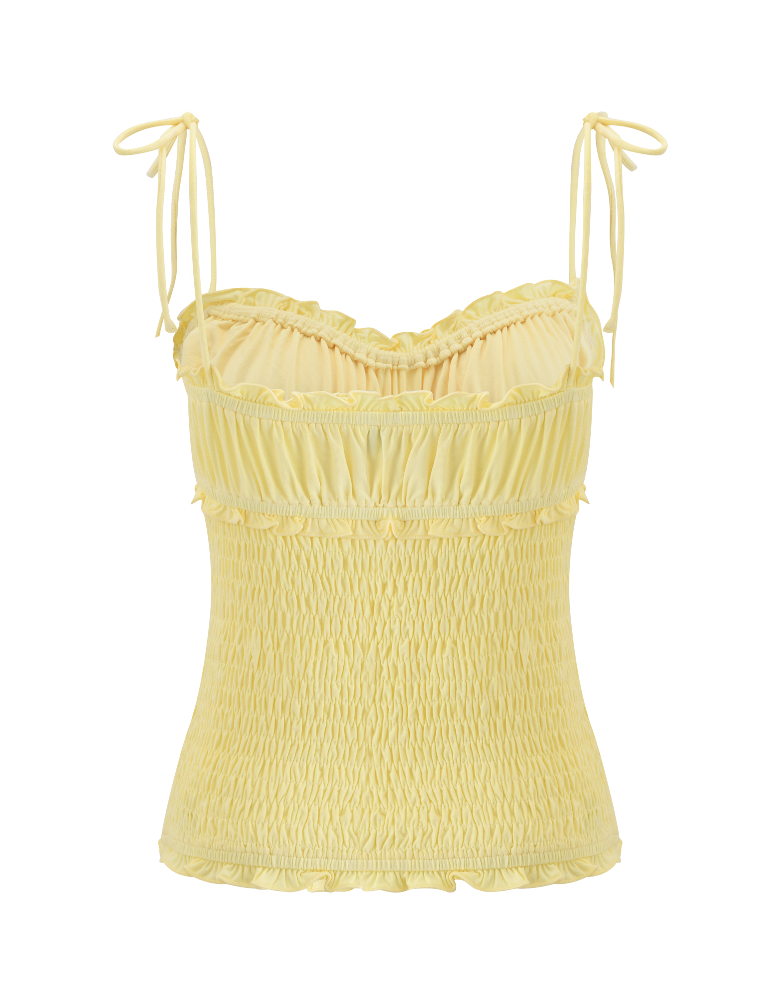 The SAFIRA TOP - LEMON by TIGERMIST is a light yellow jersey camisole with a bodycon fit, sleeveless design, shirred details, adjustable tie straps, and ruffled edges at the neckline and hem.