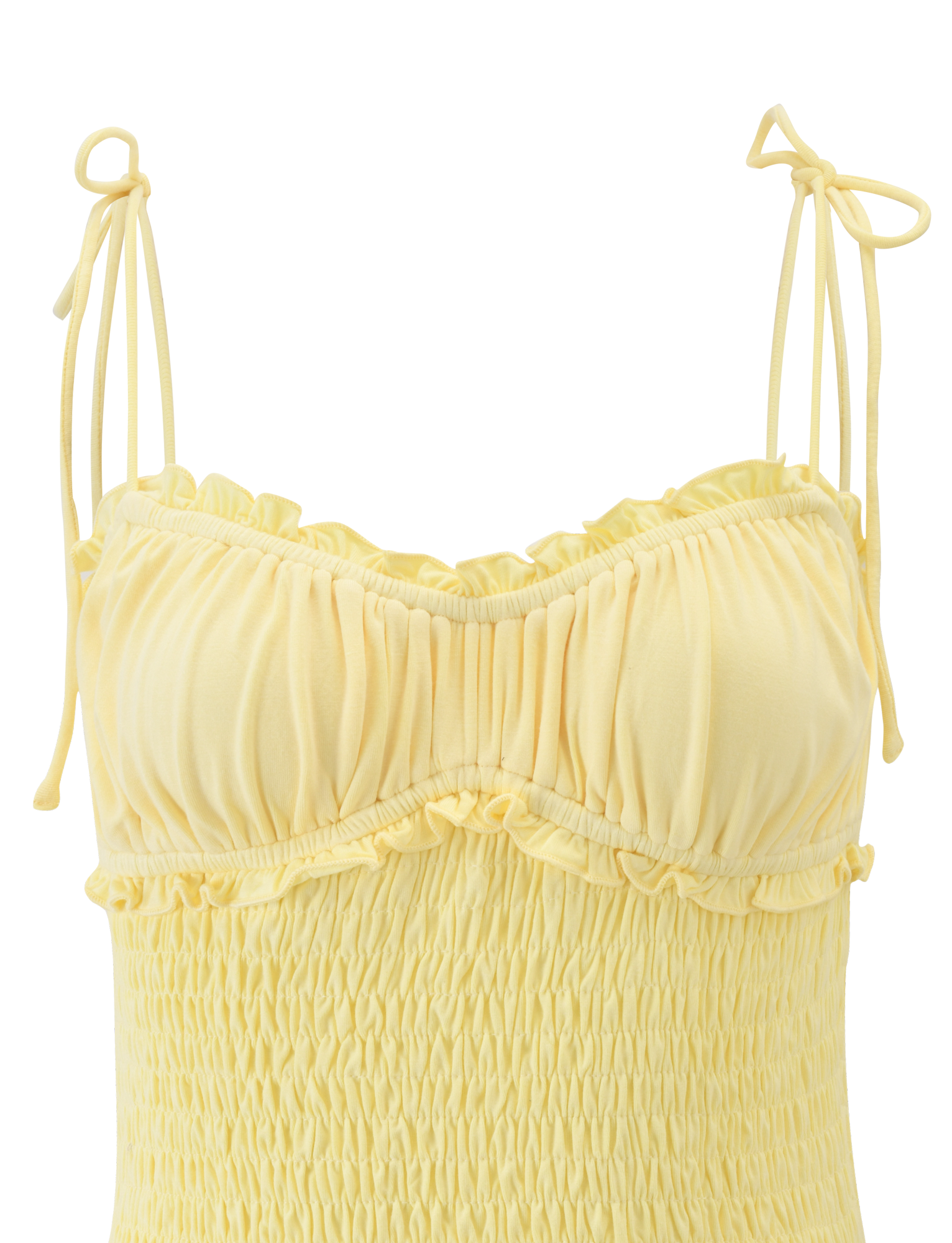 The SAFIRA TOP - LEMON by TIGERMIST is a light yellow jersey camisole with a bodycon fit, ruched fabric, ruffled bust details, and thin shoulder straps tied into bows.