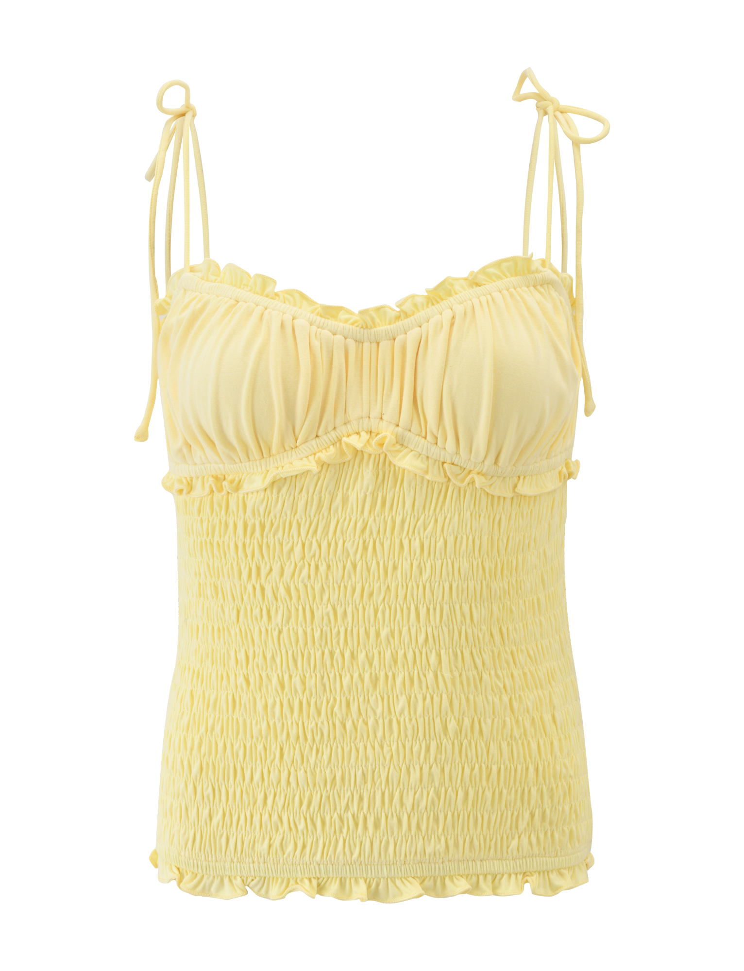 The SAFIRA TOP - LEMON by TIGERMIST is a light yellow jersey cami with high-stretch fabric, ruched details, adjustable bow-tied straps, gathered bust, and subtle ruffle accents for a flattering bodycon fit.