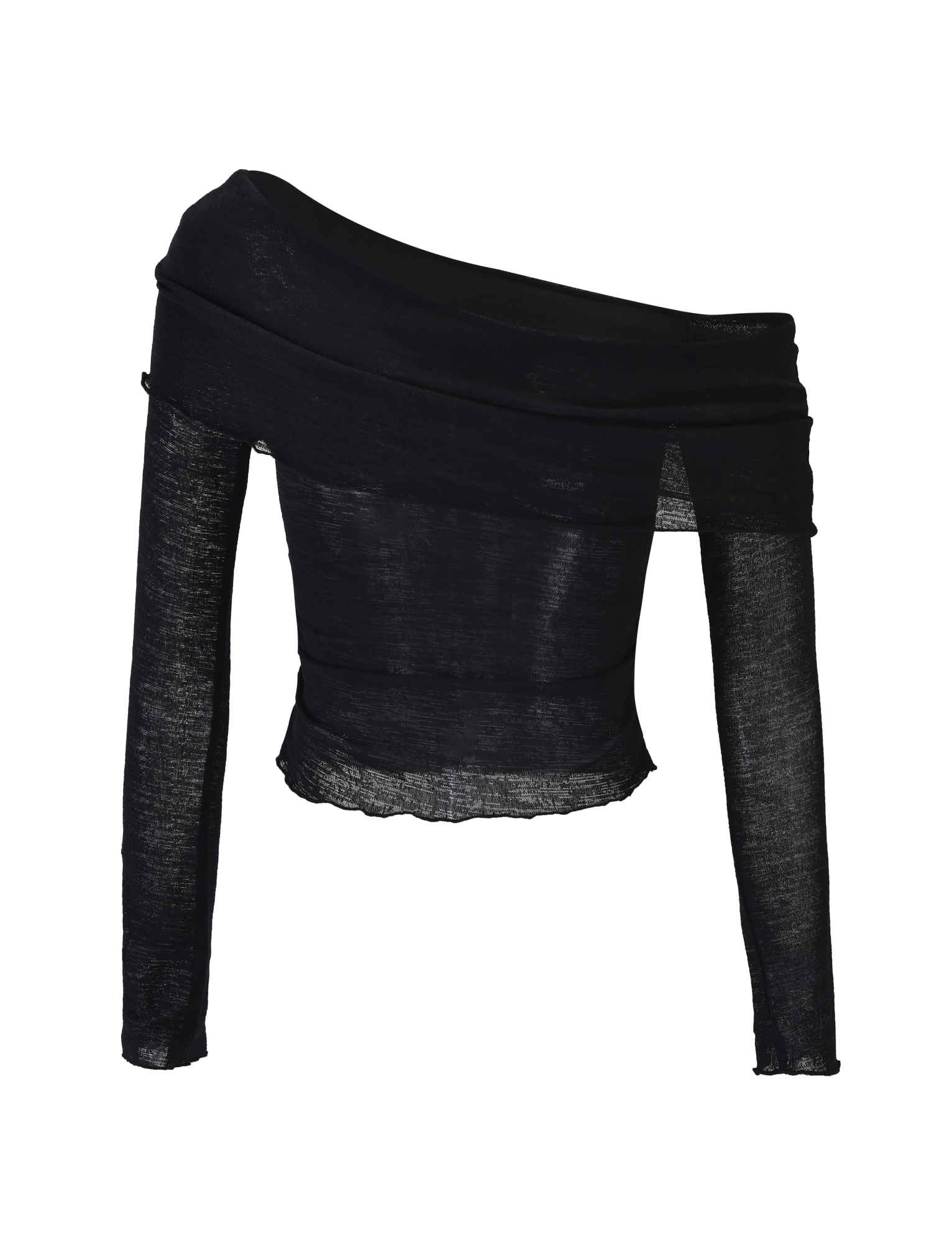 The TIGERMIST VERA TOP - BLACK is a sheer, off-shoulder knit top with long sleeves, a fitted silhouette, and a slightly asymmetrical neckline, shown against a white background.