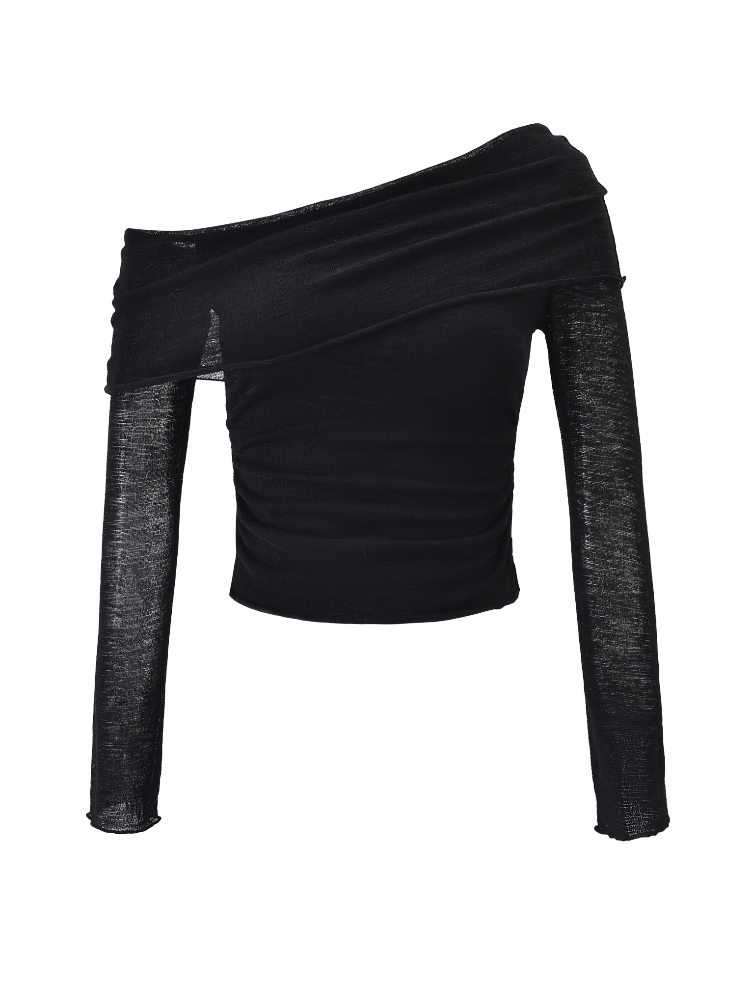 The TIGERMIST VERA TOP - BLACK features a long sleeve off-shoulder design with sheer sleeves and a fitted bodice, shown on a plain background.