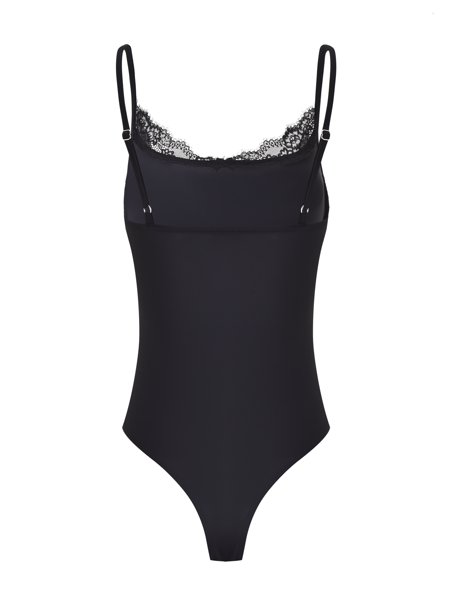 The TIGERMIST ASTRID BODYSUIT in black features adjustable straps and delicate lace trim along the neckline, shown against a plain white background.