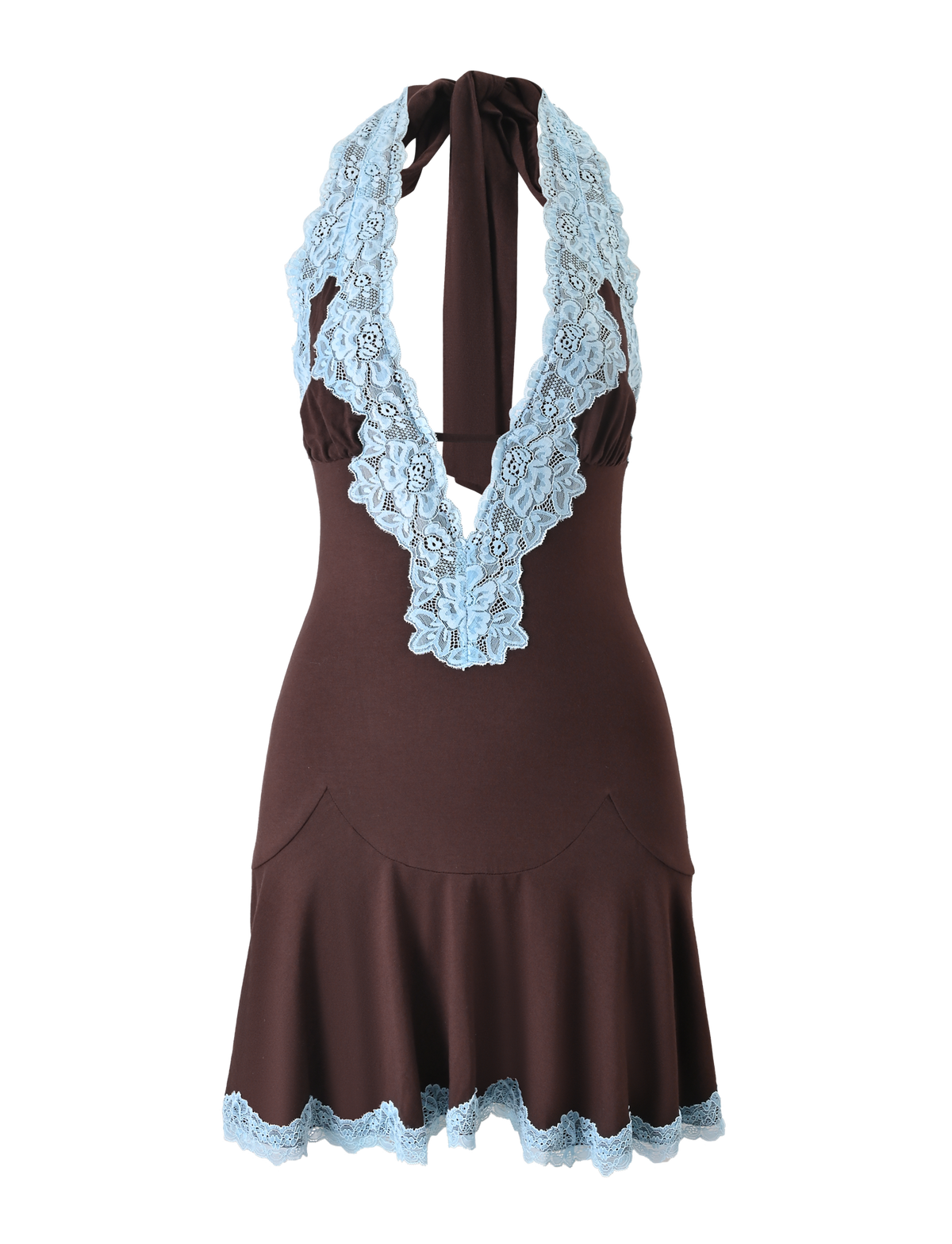 The TIGERMIST TALIYAH MINI DRESS in chocolate features a halter style, deep V-neckline with light blue lace trim, and a flared skirt finished with matching blue lace at the hem.