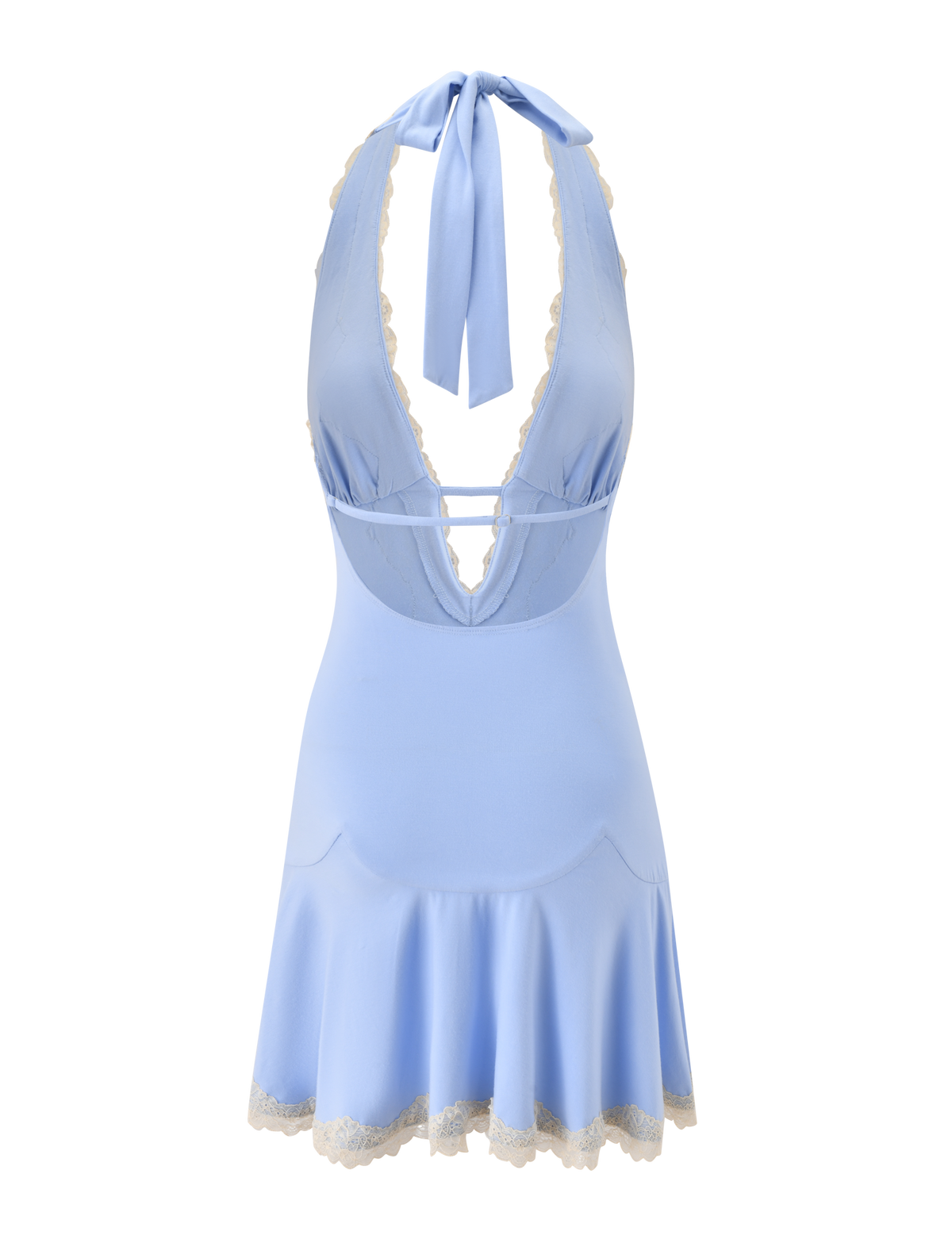 The TALIYAH MINI DRESS by TIGERMIST in Cornflower and Cream Lace showcases a halter neckline with a deep V, delicately edged with cream lace trim along the neckline and hem. A tie at the neck complements the fitted bodice, which flows into a flared mini skirt for an elegant silhouette.