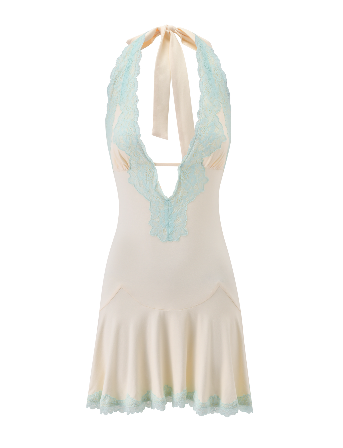 The TALIYAH MINI DRESS by TIGERMIST features a cream color with mint lace trim, a halter neck, deep V-neckline, and flared hem; this summer mini dress is displayed against a white background.