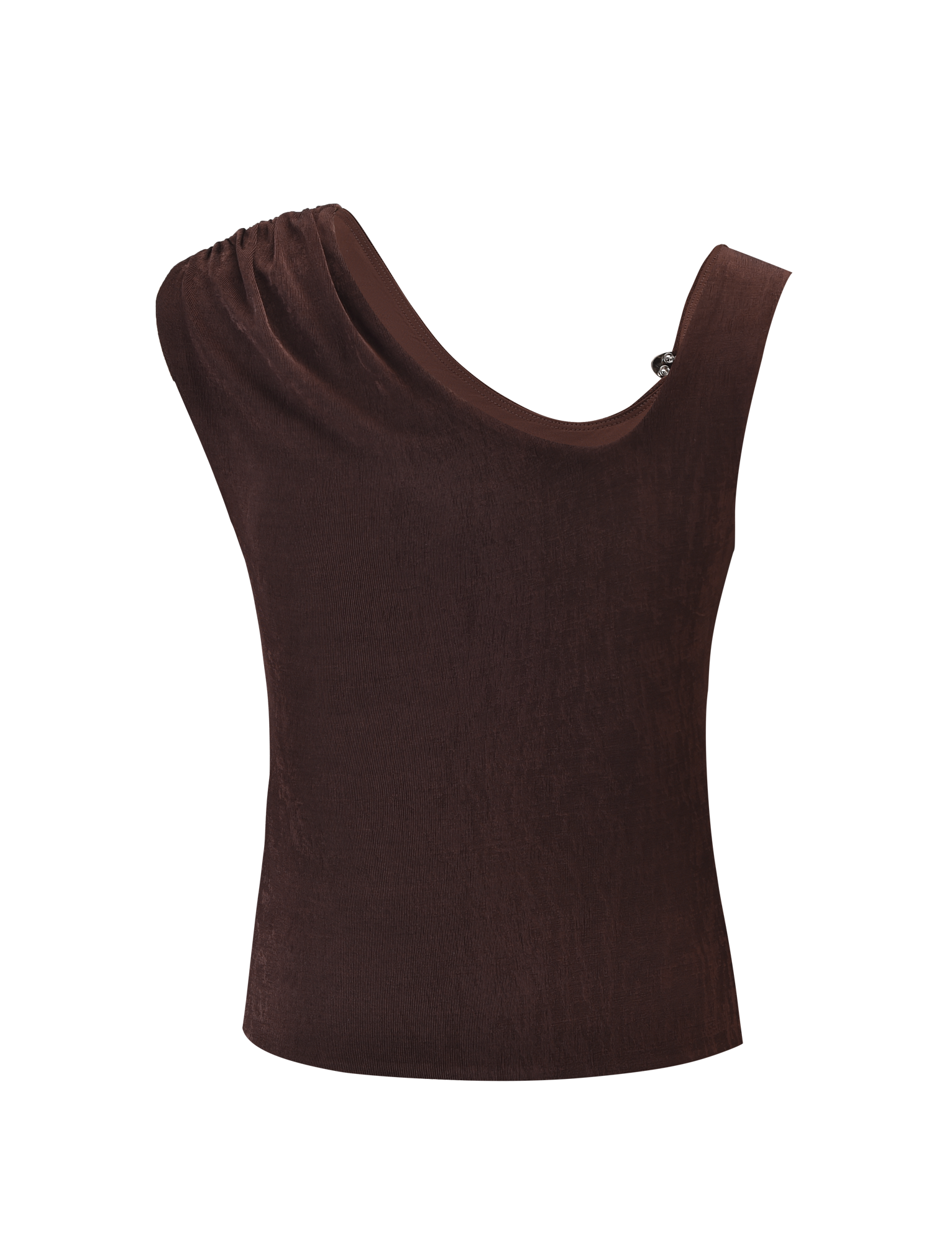 The CASSIAN TOP - CHOCOLATE by TIGERMIST is a sleeveless tank crafted from slinky jersey with an asymmetrical neckline and gathered one-shoulder detail, shown on a white background.