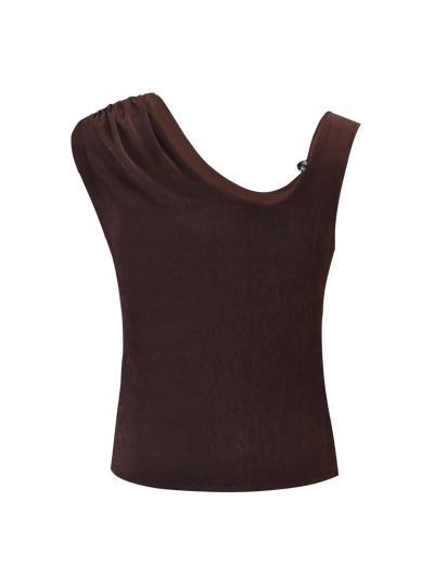 The CASSIAN TOP - CHOCOLATE by TIGERMIST is a sleeveless tank crafted from slinky jersey with an asymmetrical neckline and gathered one-shoulder detail, shown on a white background.