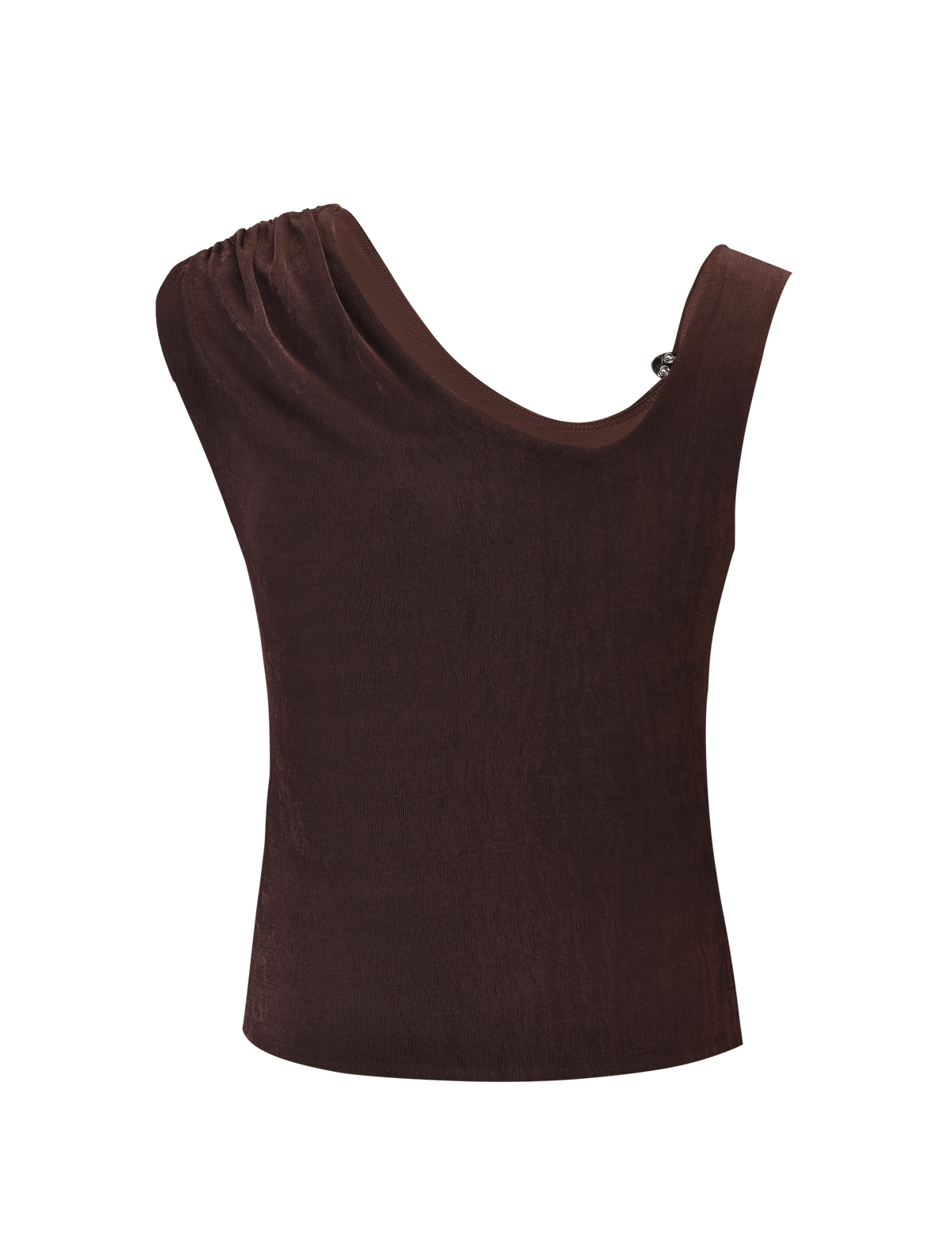 The CASSIAN TOP - CHOCOLATE by TIGERMIST is a sleeveless tank crafted from slinky jersey with an asymmetrical neckline and gathered one-shoulder detail, shown on a white background.