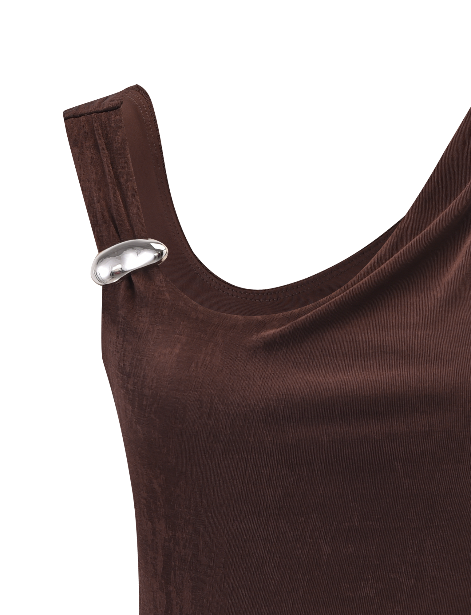 A close-up of the TIGERMIST CASSIAN TOP - CHOCOLATE, a velvet tank top with a silver oval-shaped decorative pin near the left shoulder.