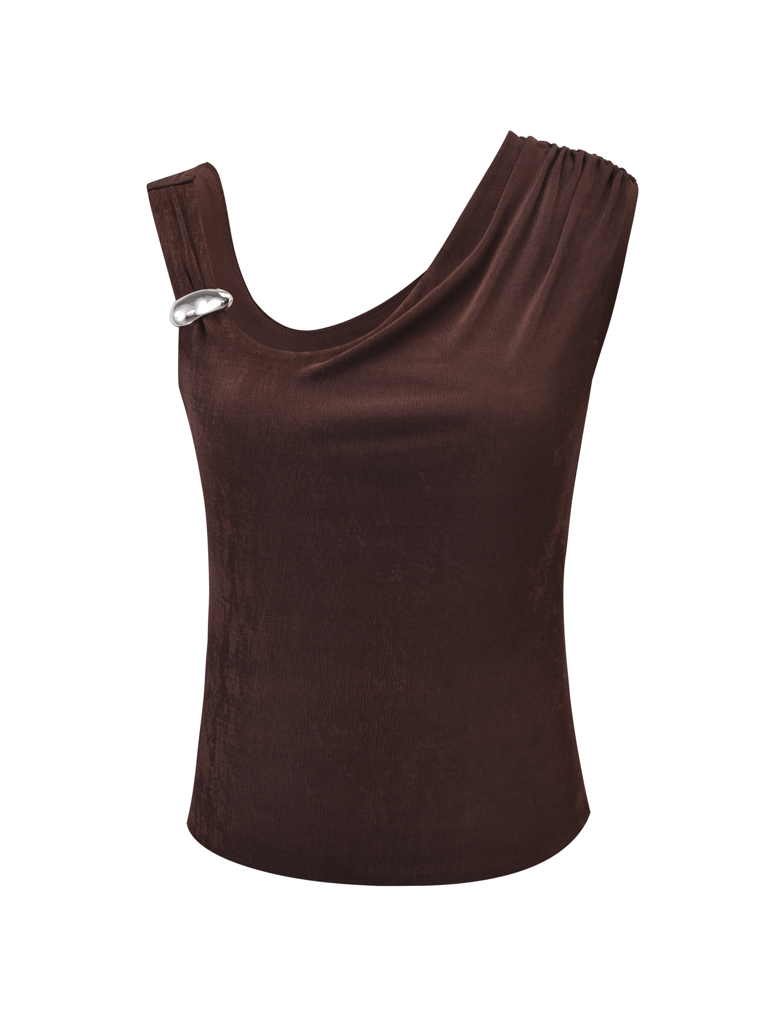 The CASSIAN TOP - CHOCOLATE by TIGERMIST is a sleeveless, chocolate brown tank in slinky jersey, featuring an asymmetrical neckline and a silver decorative pin on one shoulder.