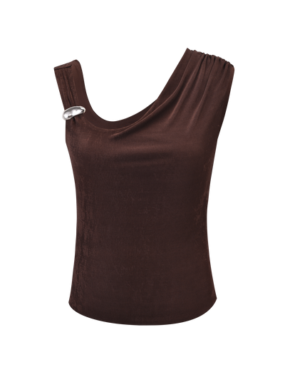 The CASSIAN TOP - CHOCOLATE by TIGERMIST is a sleeveless, chocolate brown tank in slinky jersey, featuring an asymmetrical neckline and a silver decorative pin on one shoulder.