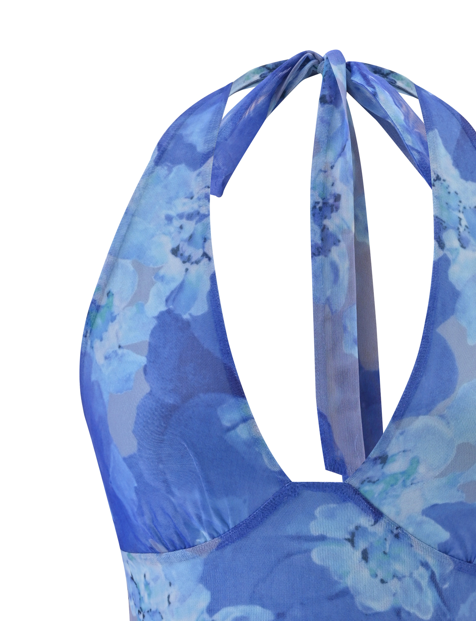 Close-up of the TIGERMIST DEVYN TOP - BLUE MACRO FLORAL, a blue halter bodycon with back ties and high-stretch fabric adorned in blue and white floral prints.