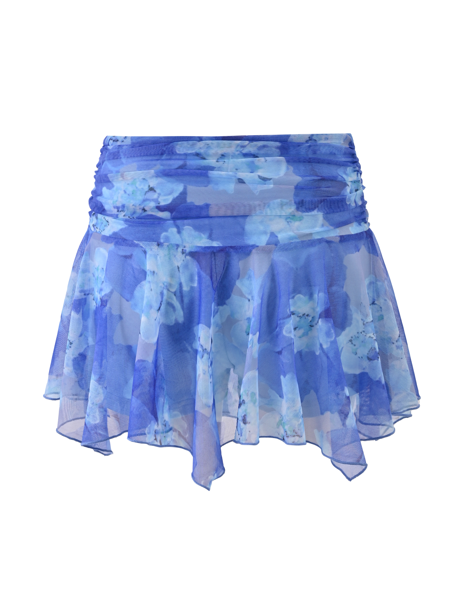 The DEVYN MINI SKORT by TIGERMIST is a sheer, flowy mini skort in blue macro floral. It features a mid rise, slightly gathered waistband, and a stylish handkerchief hem for a chic look.
