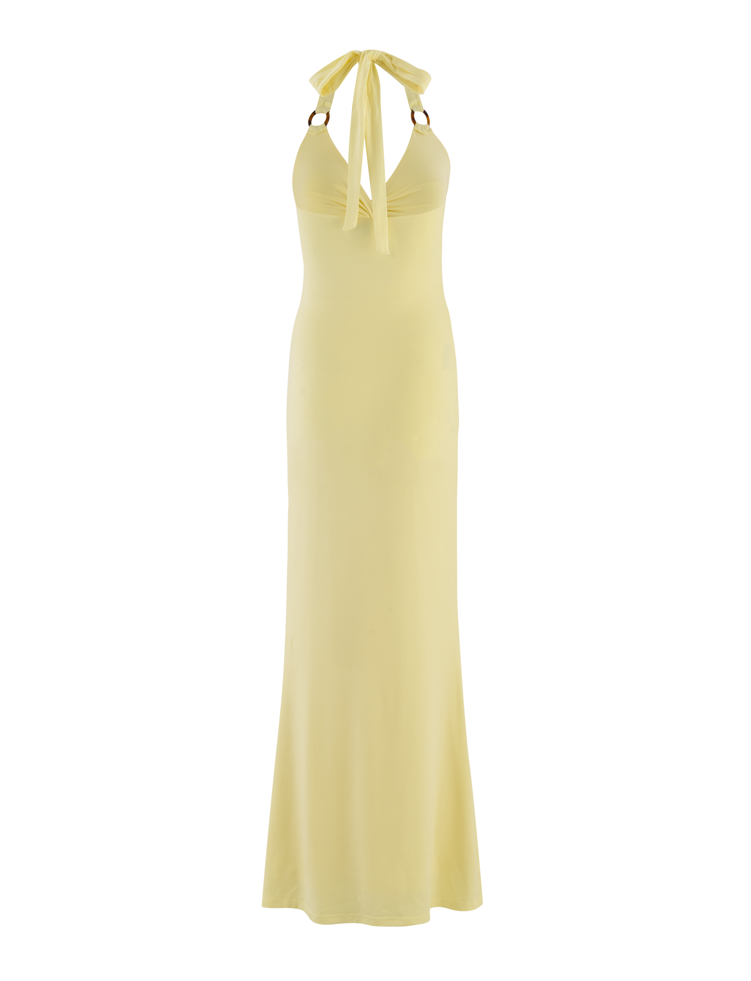 The ZENEVA MAXI DRESS by TIGERMIST in Lemon is a light yellow, sleeveless, floor-length halter dress with a fitted bodice, open back, and wide neck bow in buttery jersey.